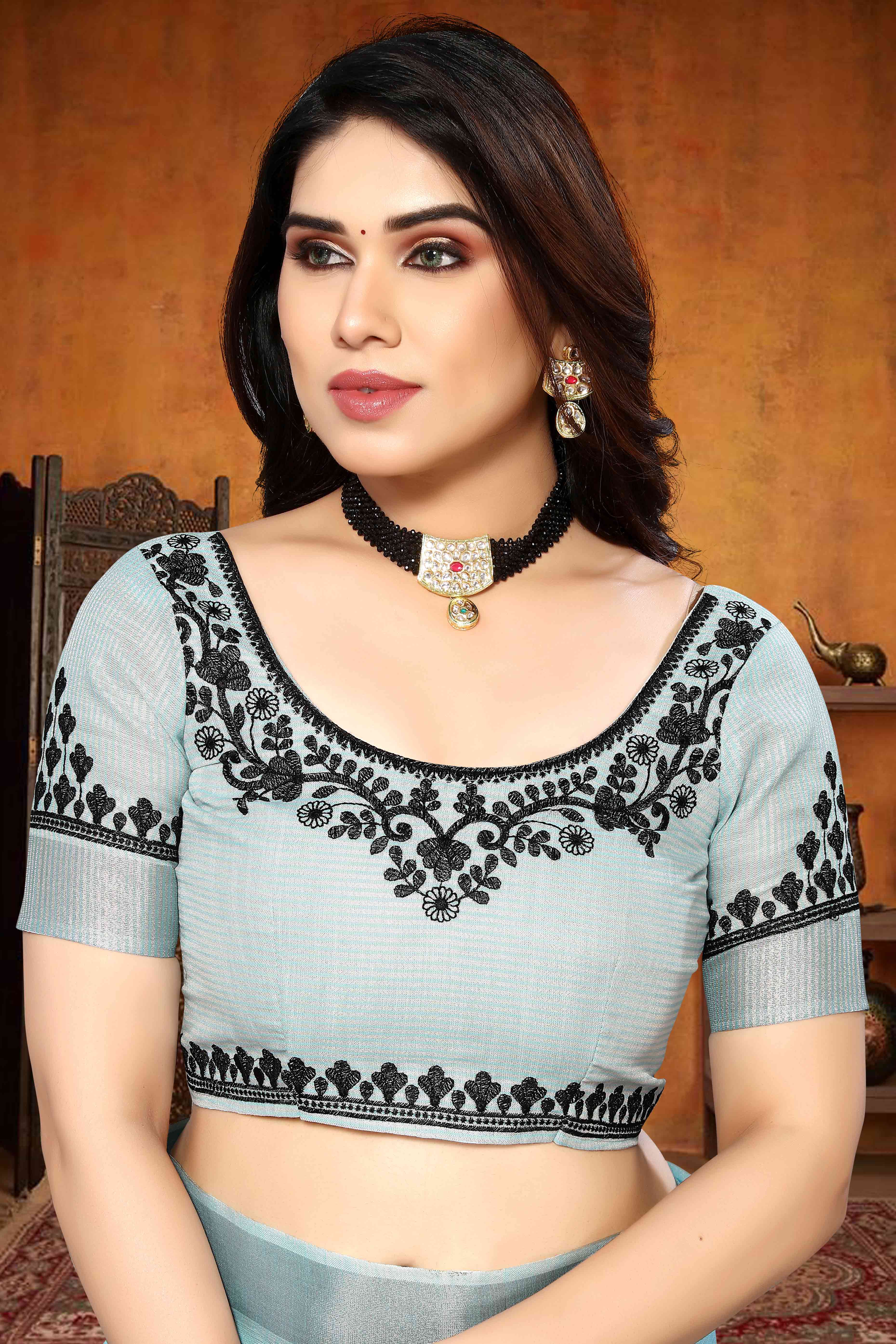 Blue Embroidered Linen Cotton Saree With Zari Border