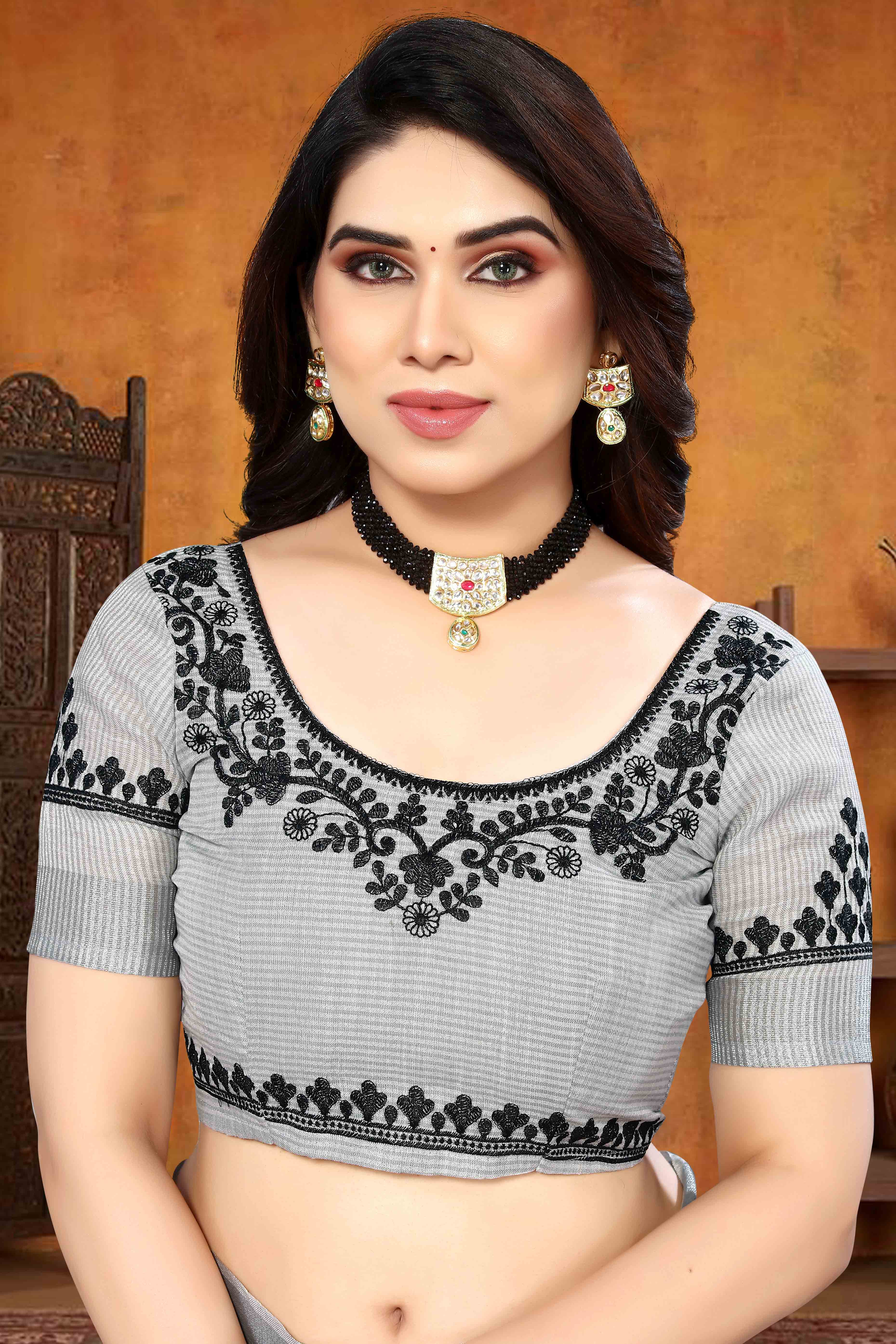 Grey Embroidered Linen Cotton Saree With Zari Border
