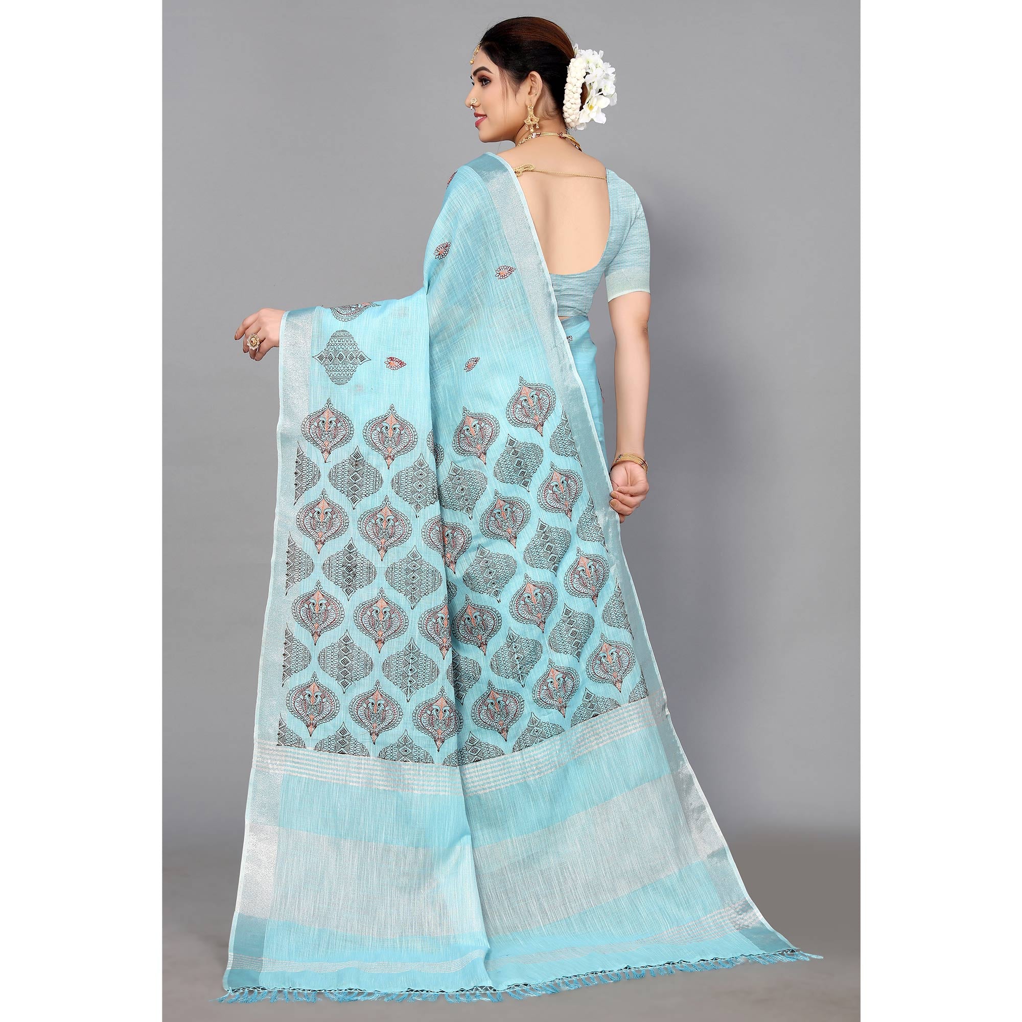 Blue Embroidered Cotton Silk Saree With Tassels