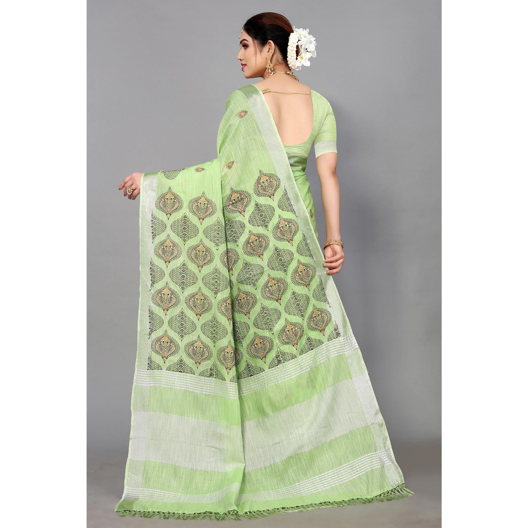 Green Embroidered Cotton Silk Saree With Tassels