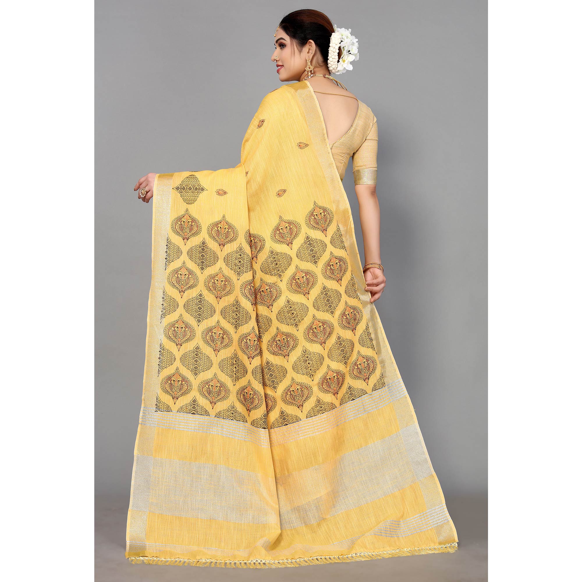 Yellow Embroidered Cotton Silk Saree With Tassels