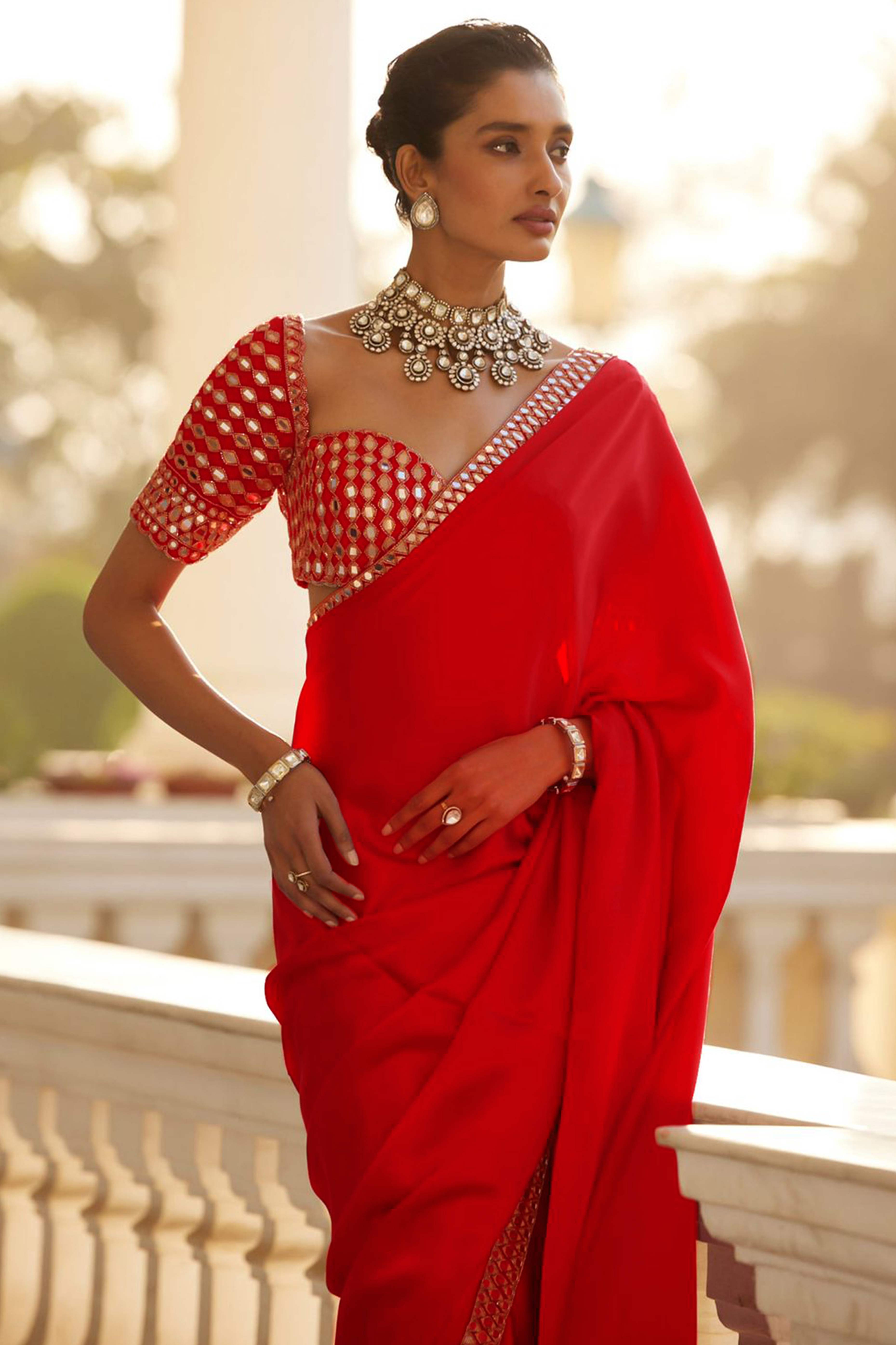 Crimson Red Mirror Embroidered Organza Saree