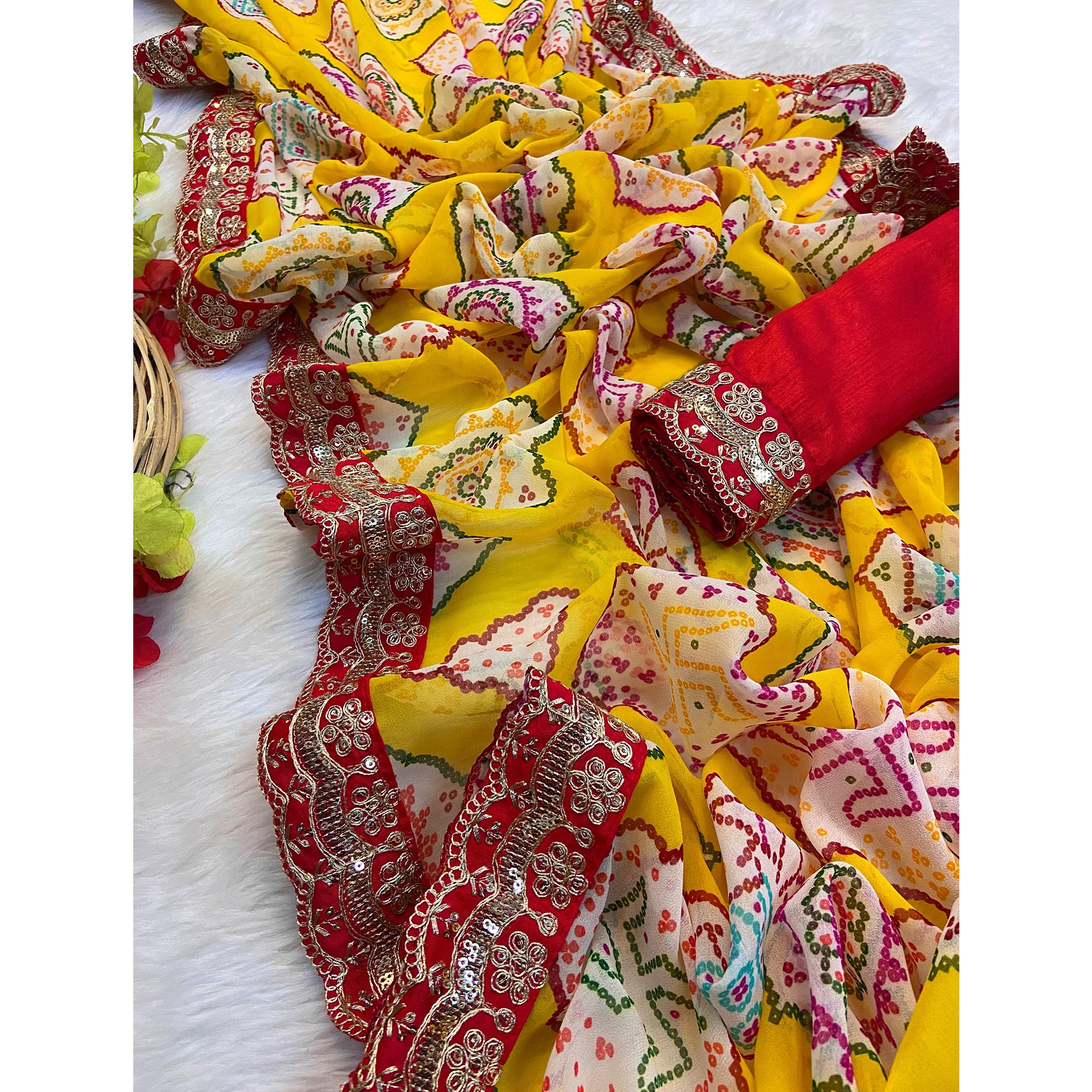Yellow Bandhani Printed Georgette Saree With Sequins Embroidered Border