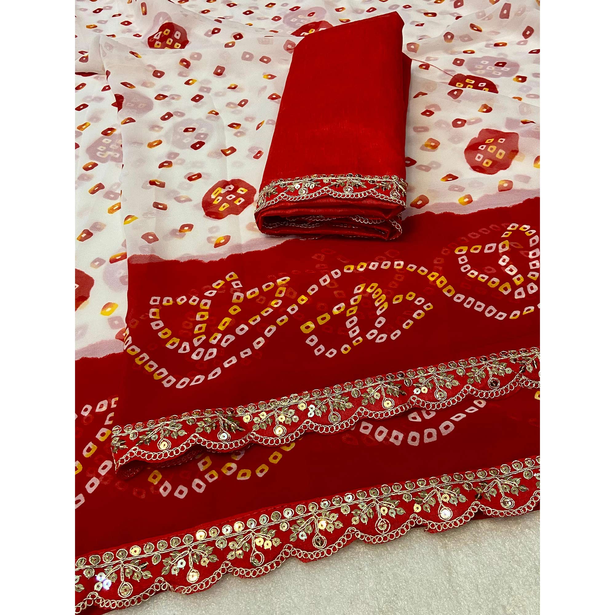 White & Red Bandhani Printed Georgette Saree