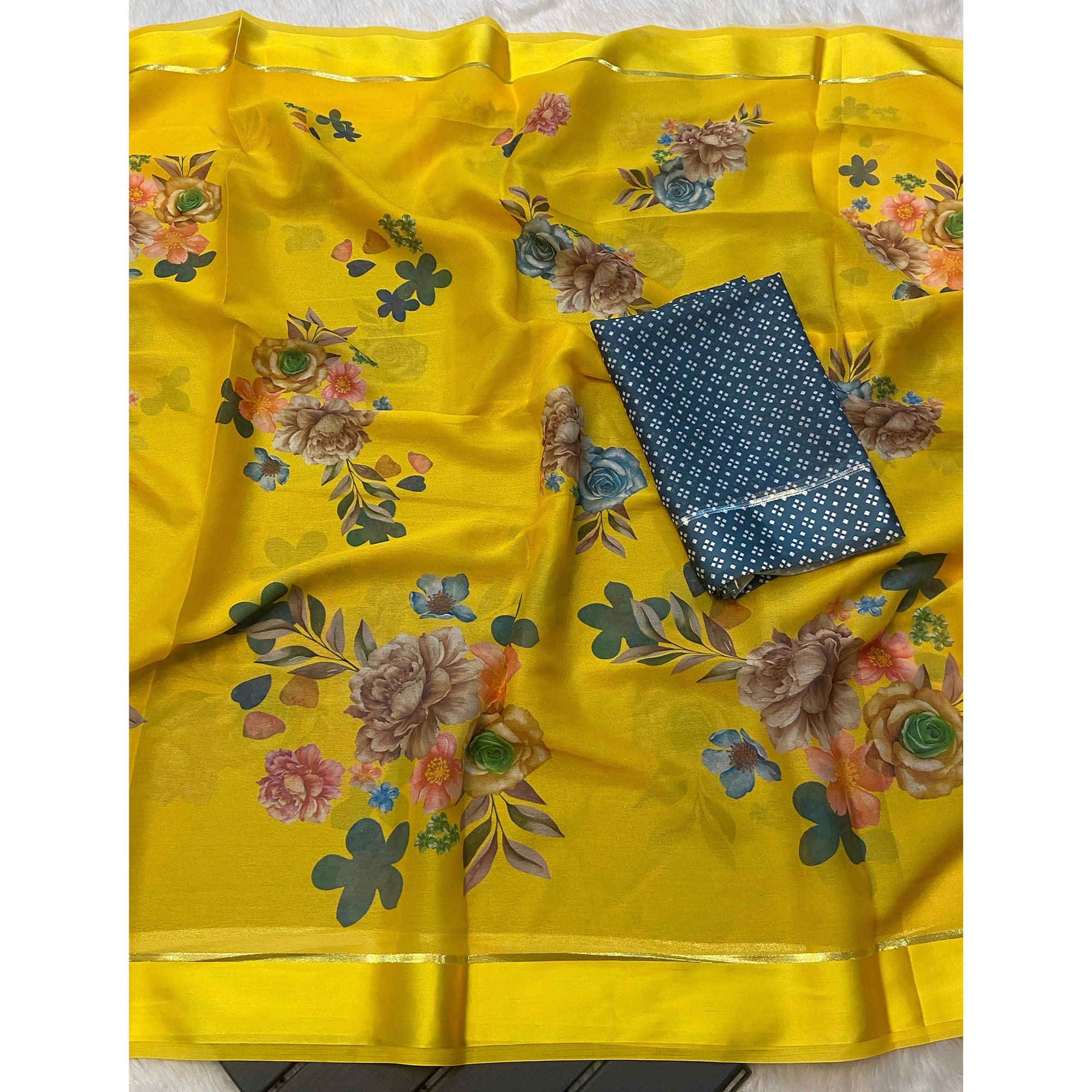 Yellow Floral Printed Chiffon Saree