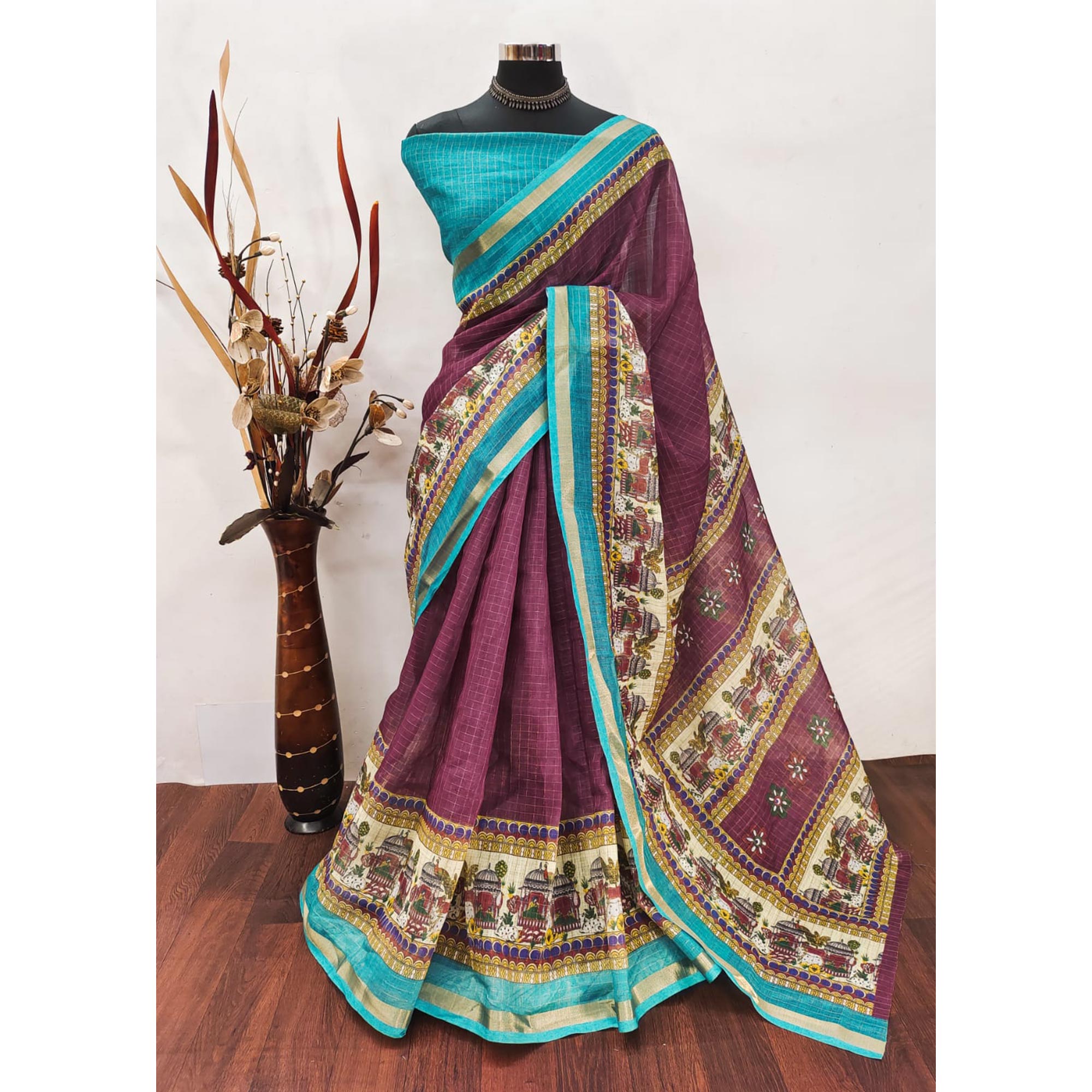 Wine Checks Zari Woven With Printed Linen Saree