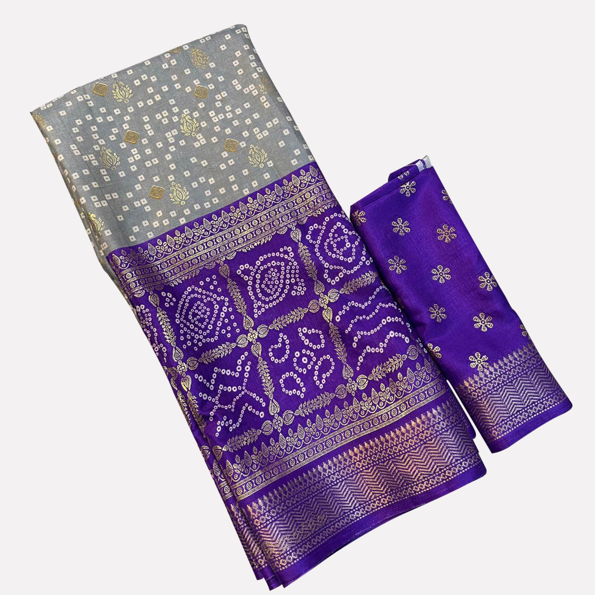 Grey & Purple Dola Silk Saree Featuring Traditional Bandhani Print & Woven Border