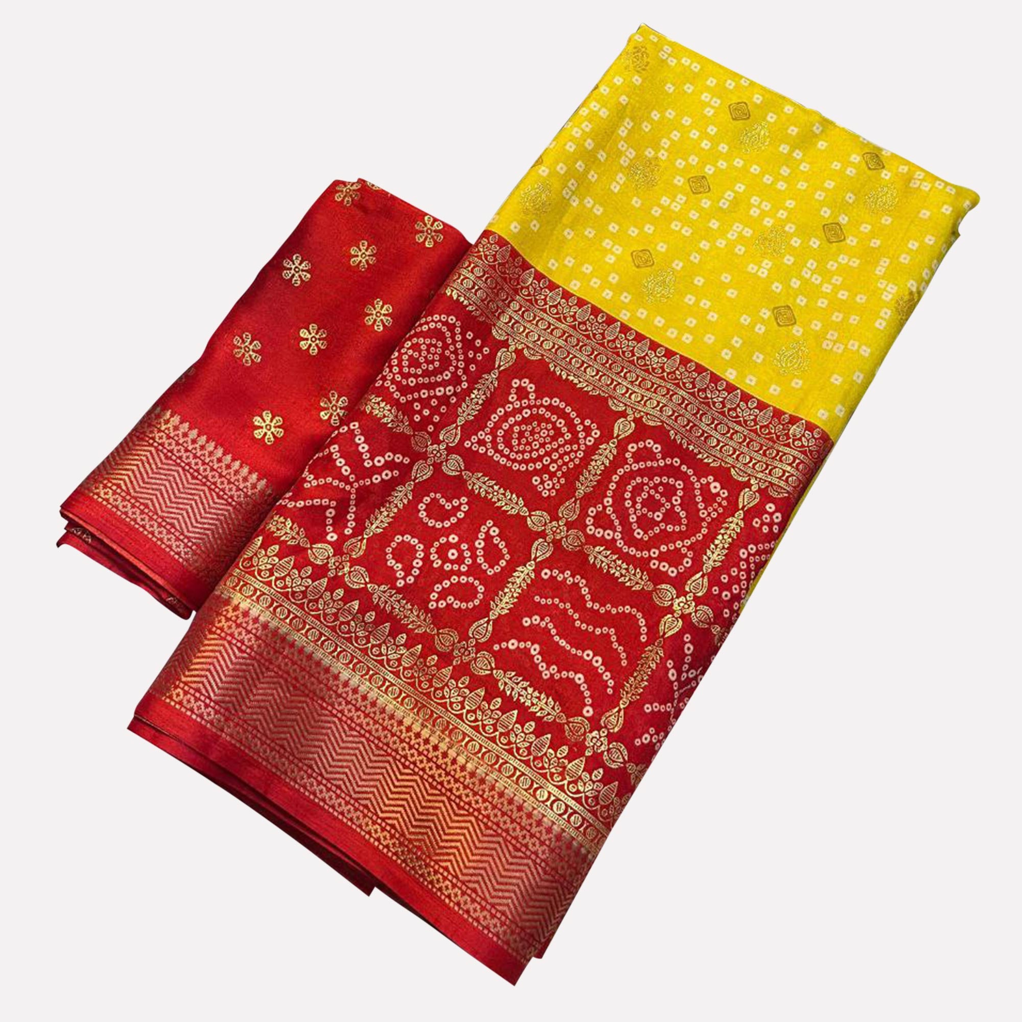 Yellow & Red Dola Silk Saree Featuring Traditional Bandhani Print & Woven Border