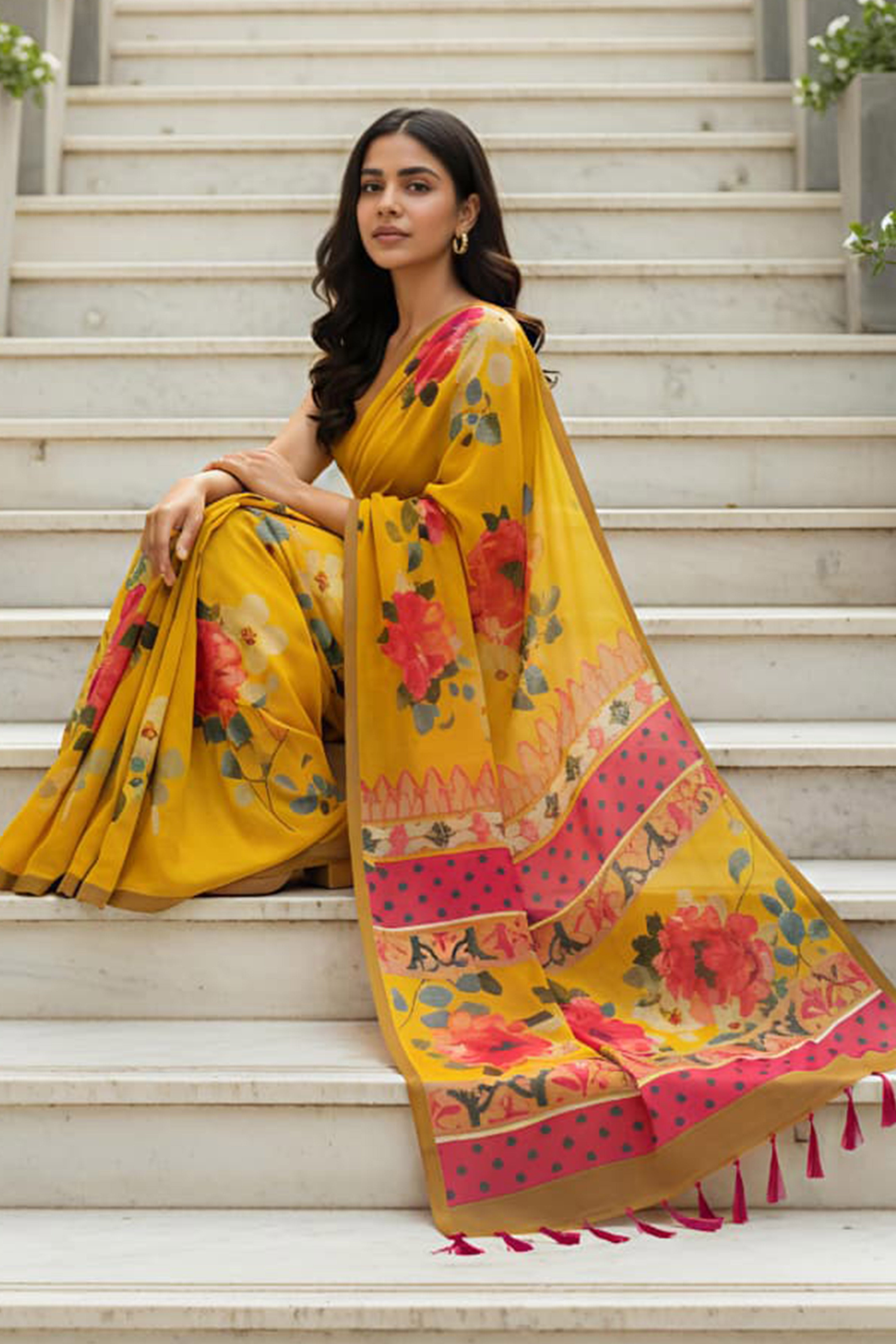 Mustard Linen Cotton Saree Adorned with Vibrant Geometric Prints and Breezy Texture
