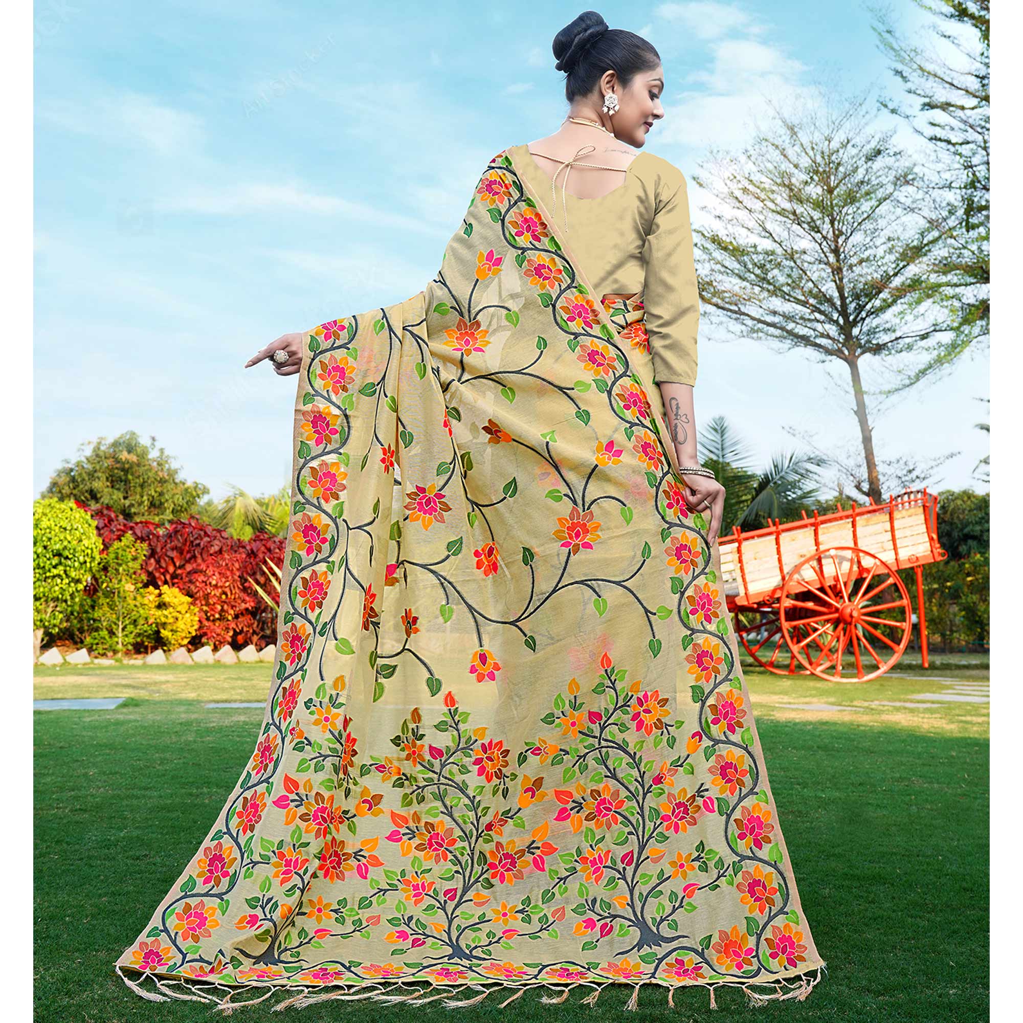 Beige Floral Woven Cotton Silk Saree With Tassels