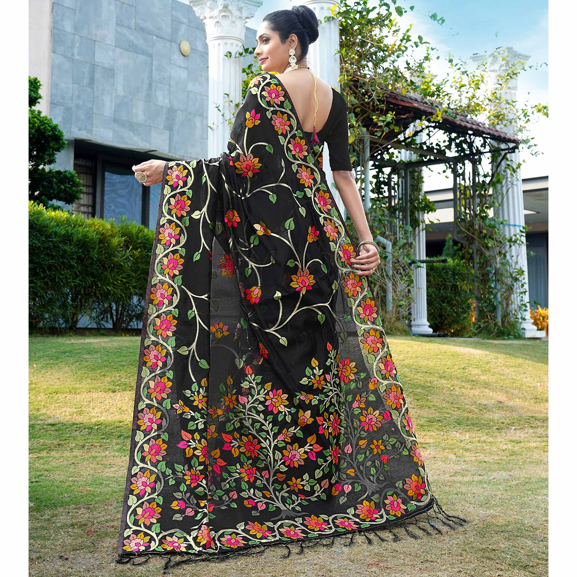 Black Floral Woven Cotton Silk Saree With Tassels