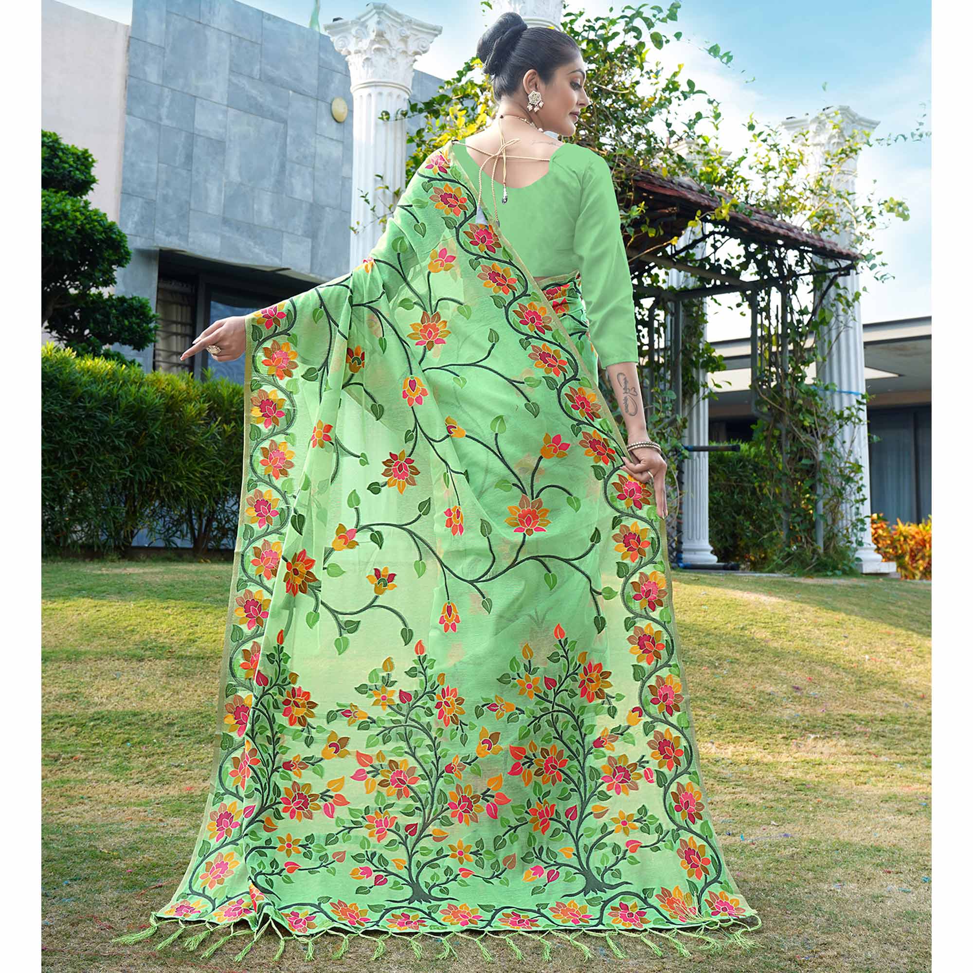 Green Floral Woven Cotton Silk Saree With Tassels
