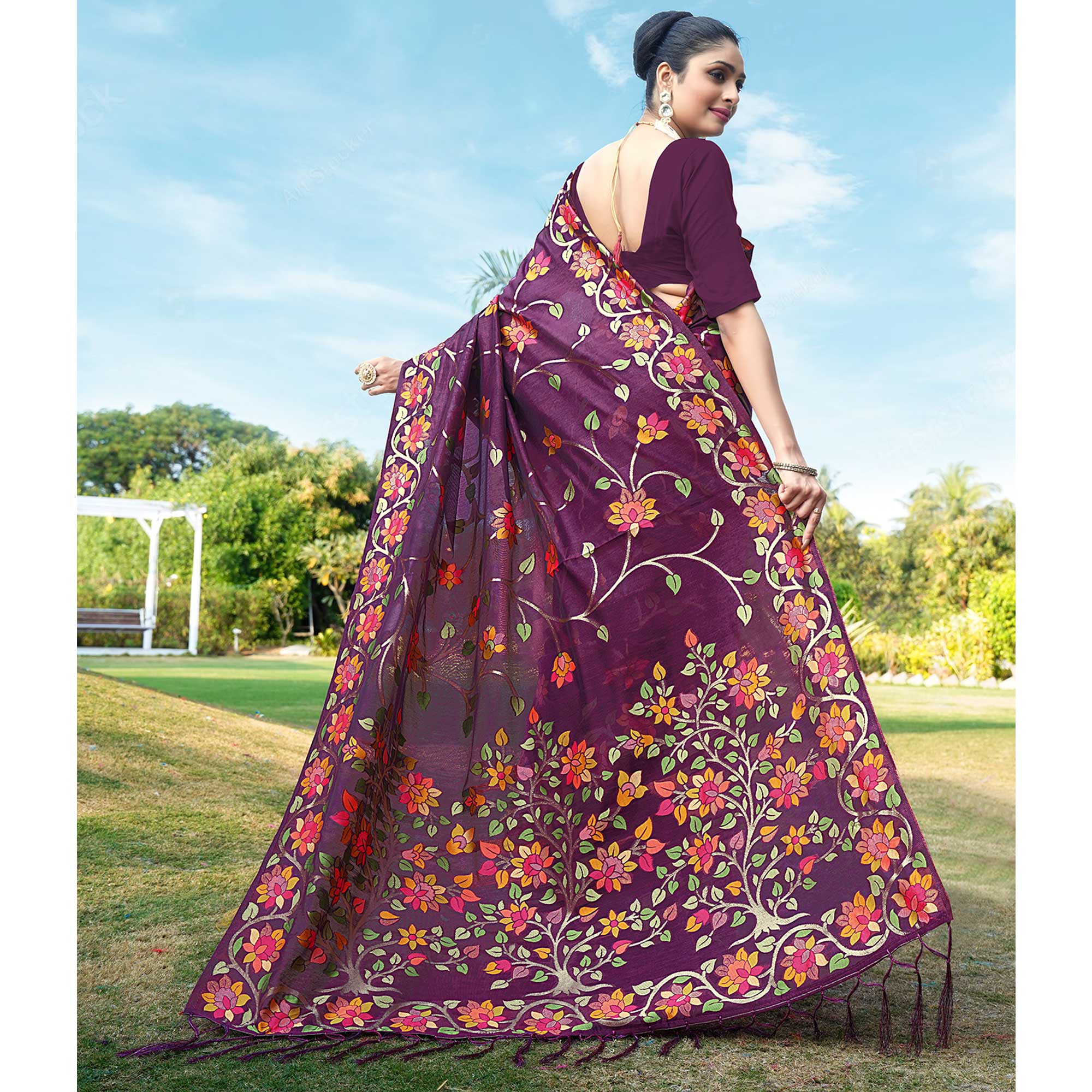 Purple Floral Woven Cotton Silk Saree With Tassels