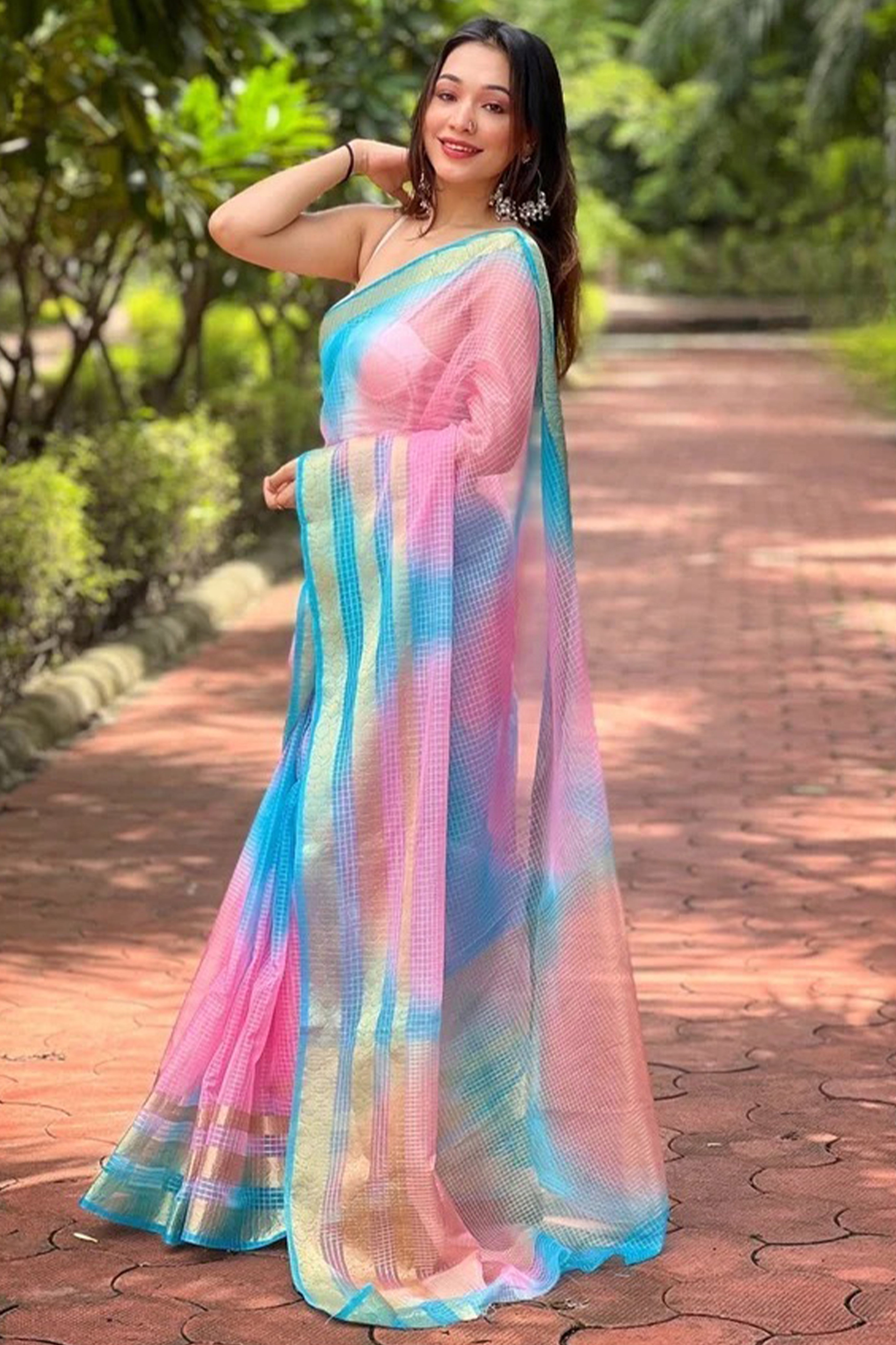 Classic Blue & Pink Kerala Inspired Checked Weaving Organza Saree
