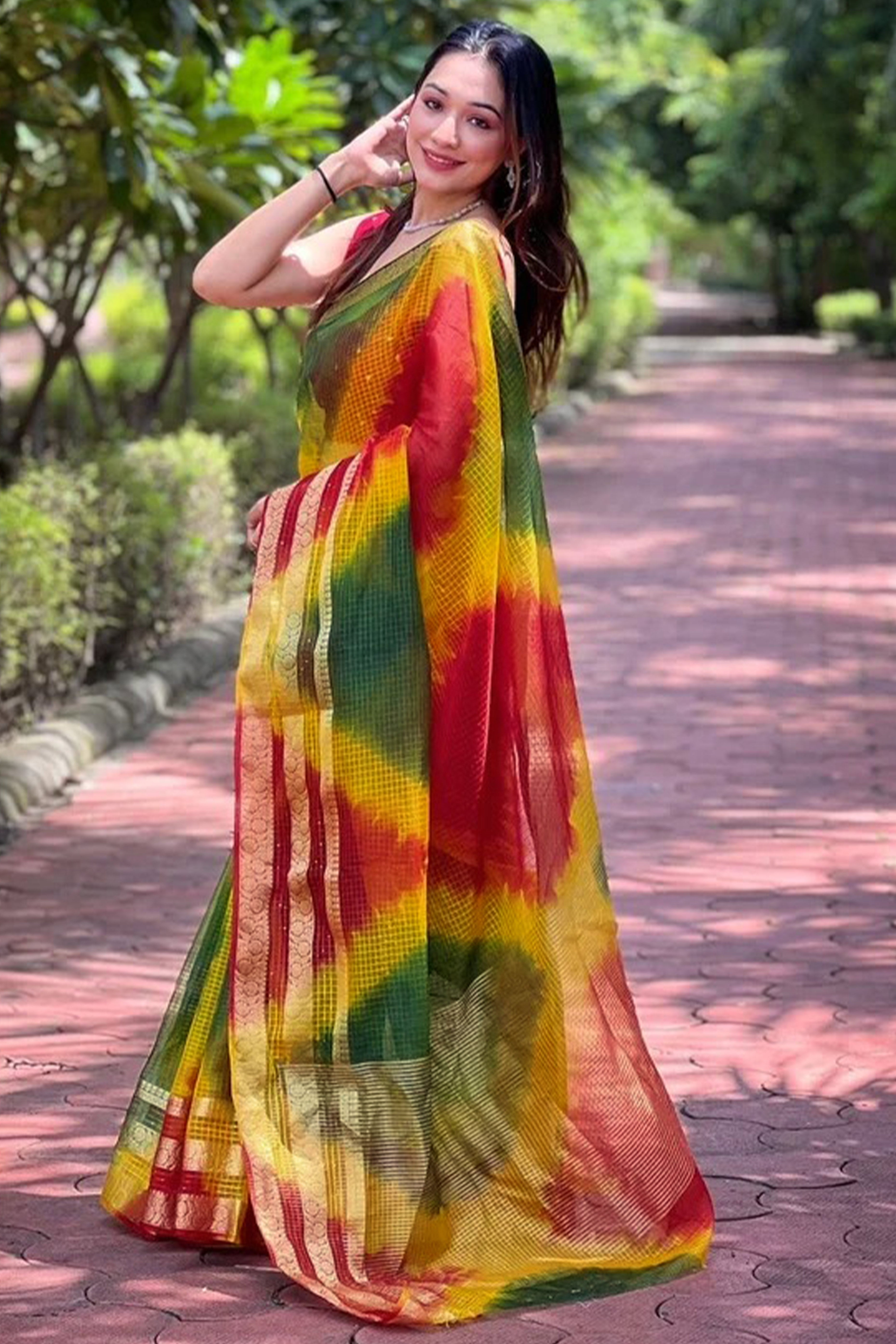 Classic Yellow & Red Kerala Inspired Checked Weaving Organza Saree