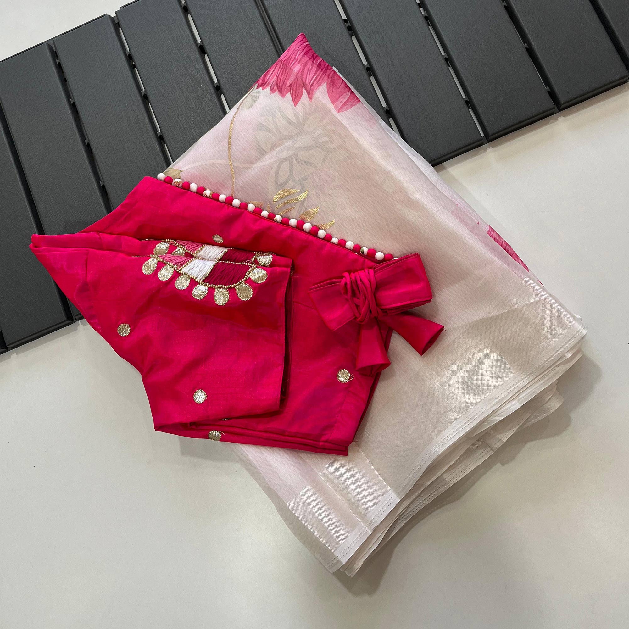 White Floral Foil Printed Organza Saree