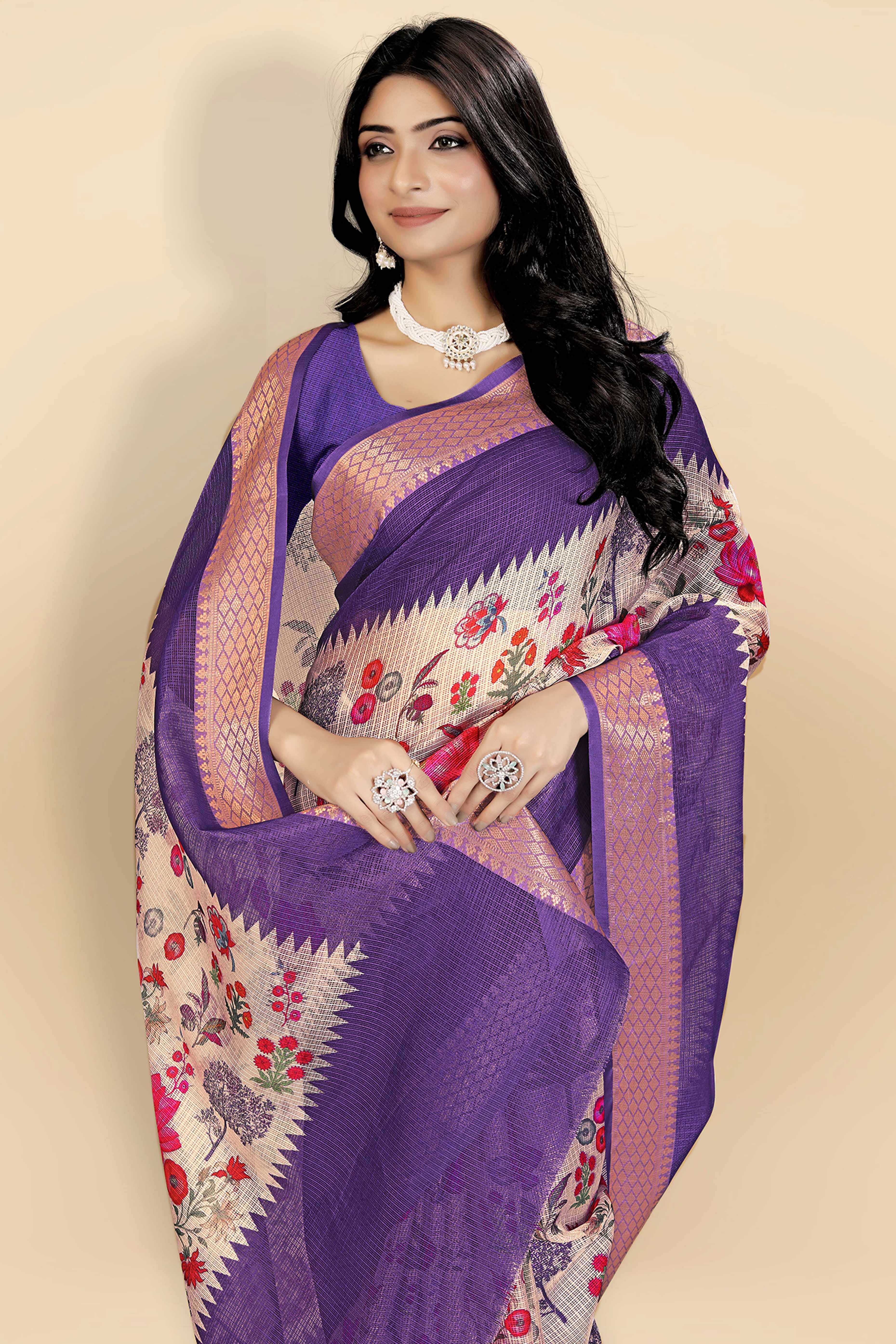 White Kota Doria Saree with Soft Floral Prints and Subtle Zari Border Finish