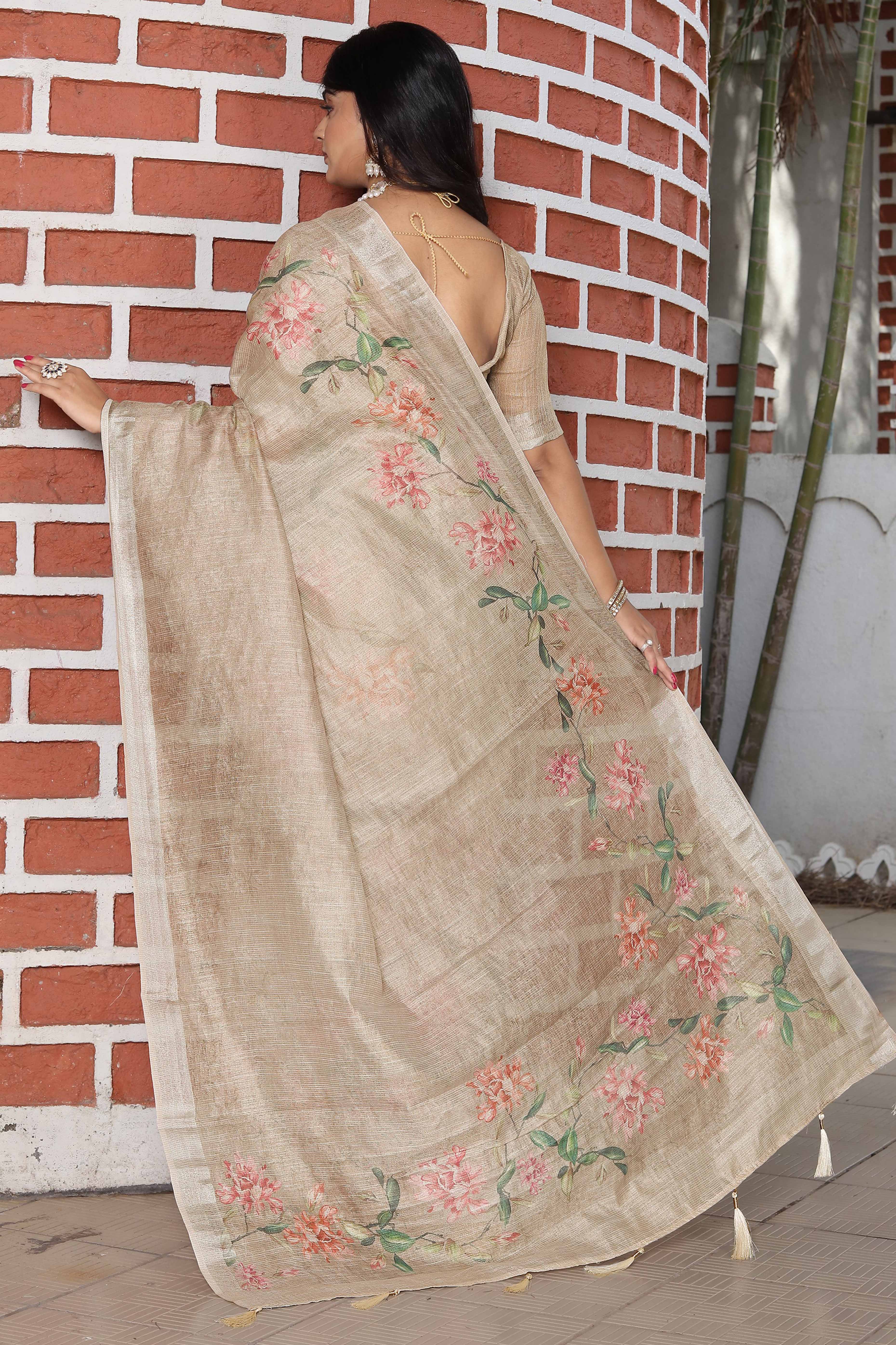 Beautiful Beige Tissue Handloom Saree with Digital Floral Embellishments