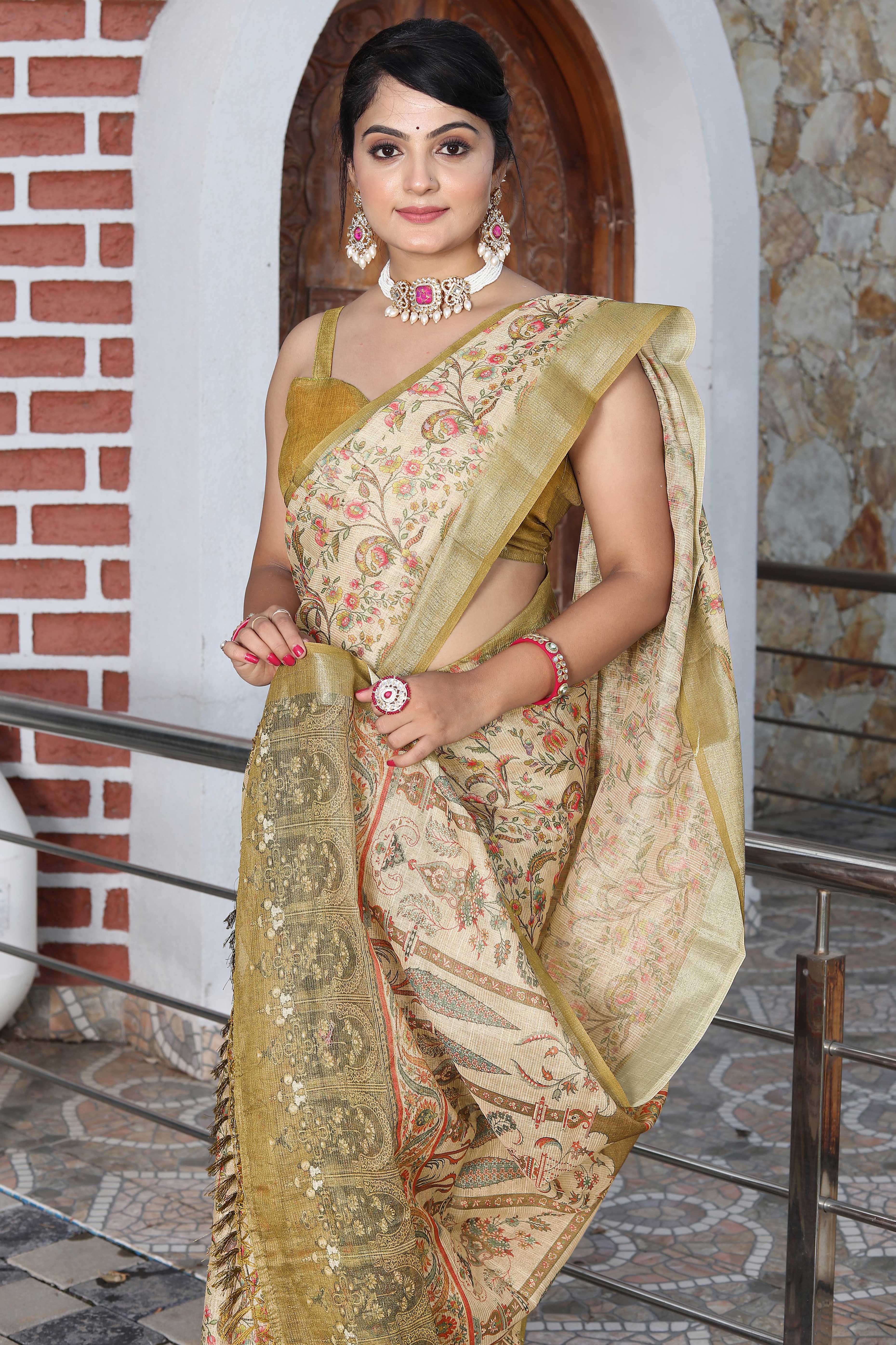 Beautiful Light Beige Tissue Handloom Saree with Detailed Digital Floral Embellishments