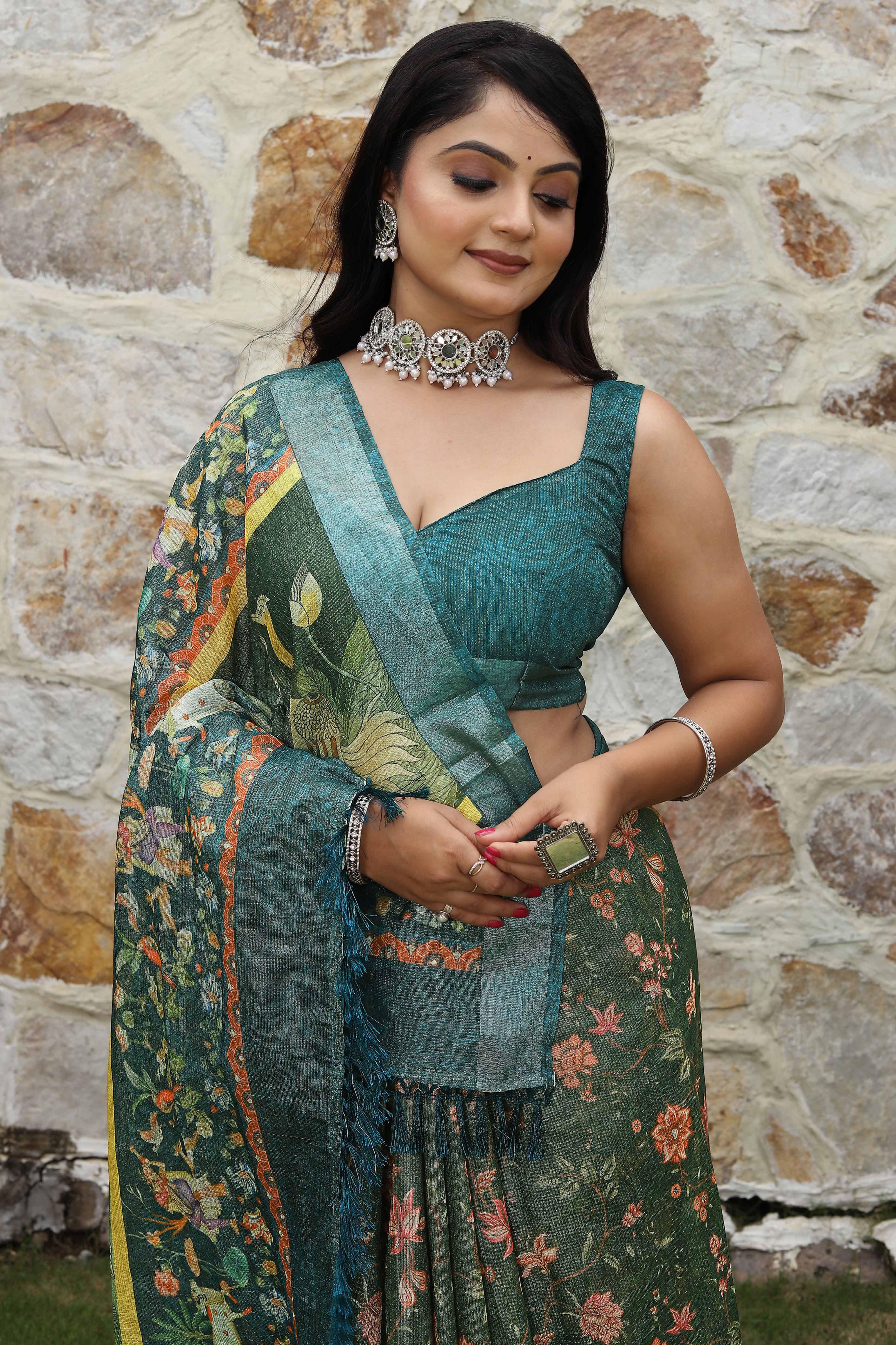 Beautiful GreenTissue Handloom Saree with Detailed Digital Floral Embellishments