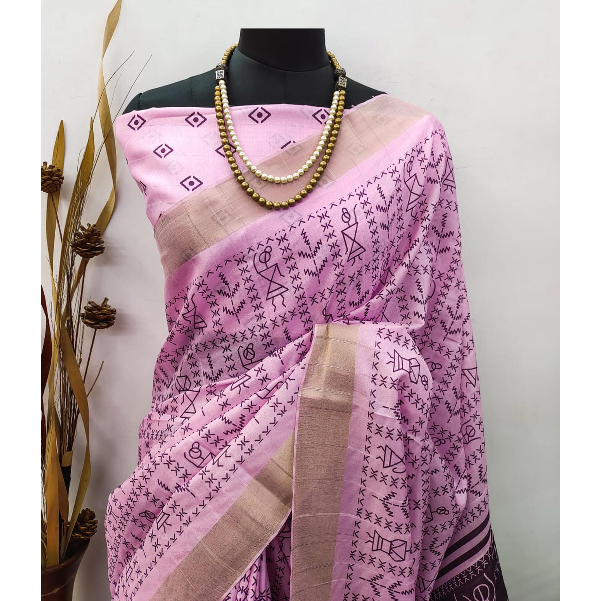 Pink Digital Printed Dola Silk Saree With Jacquard Zari Border