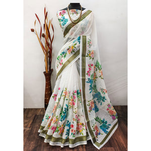 White Floral Digital Printed Linen Saree