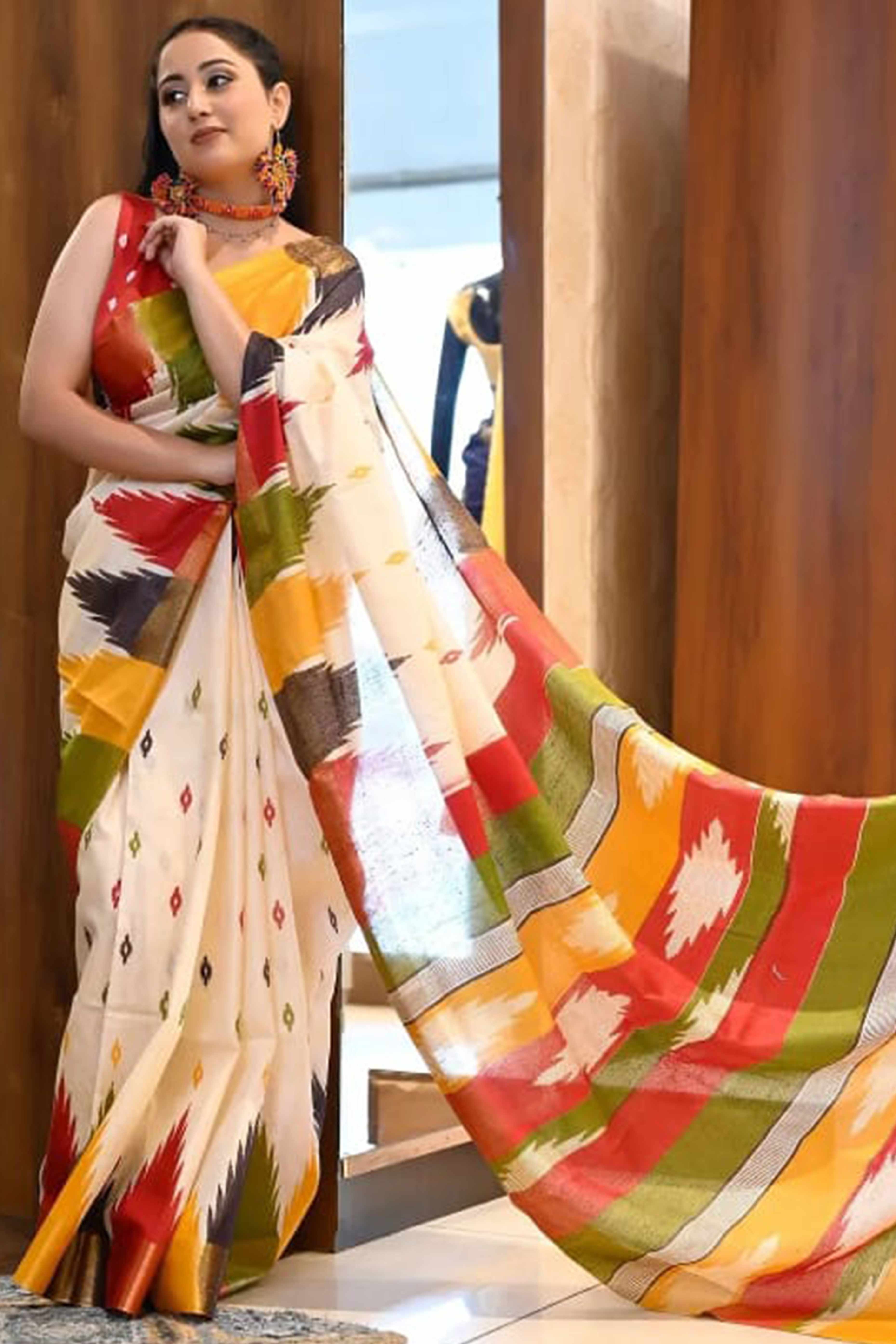 Classic Cream Linen Cotton Drape Featuring Ikkat-Inspired Prints