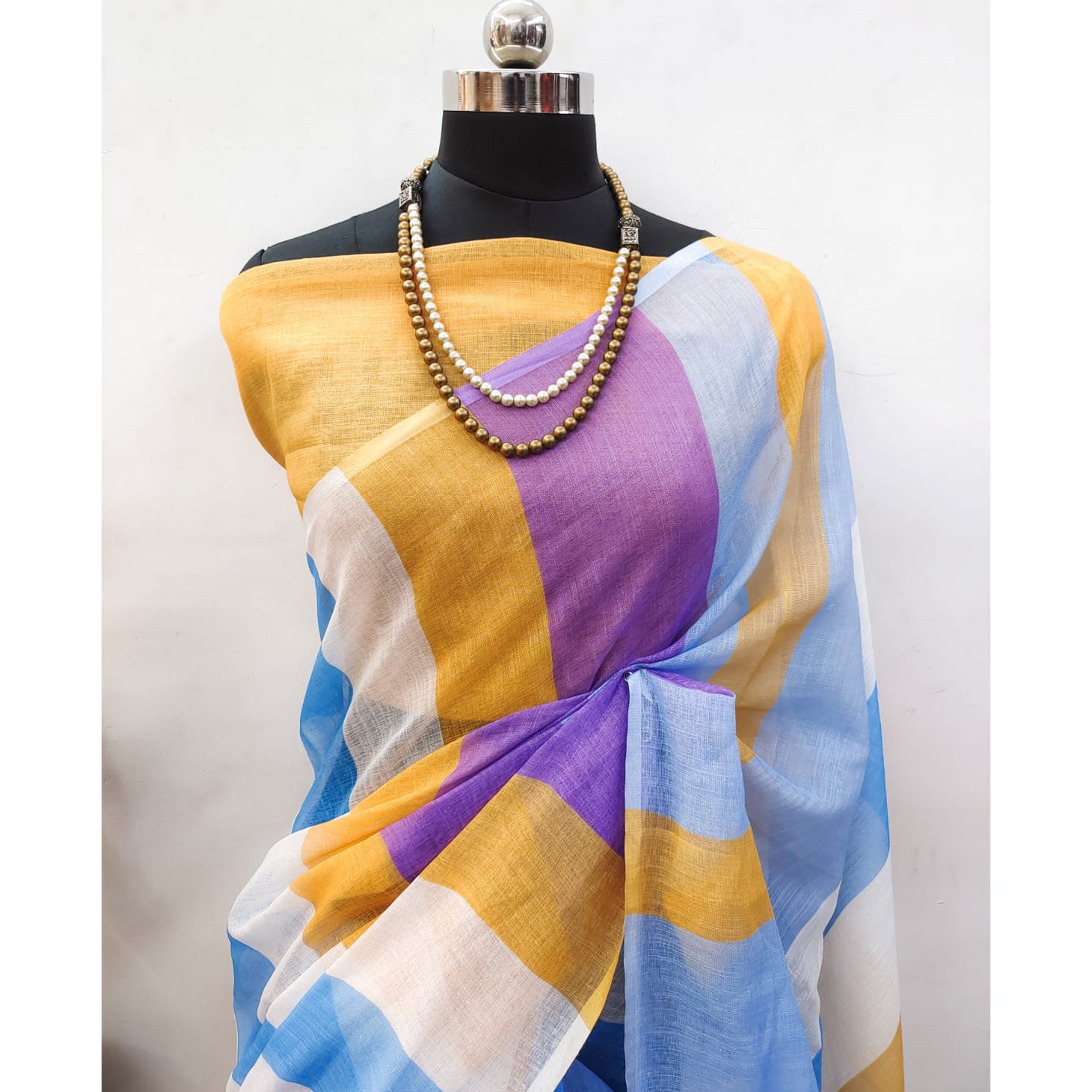 Multicolor Striped Printed Linen Saree