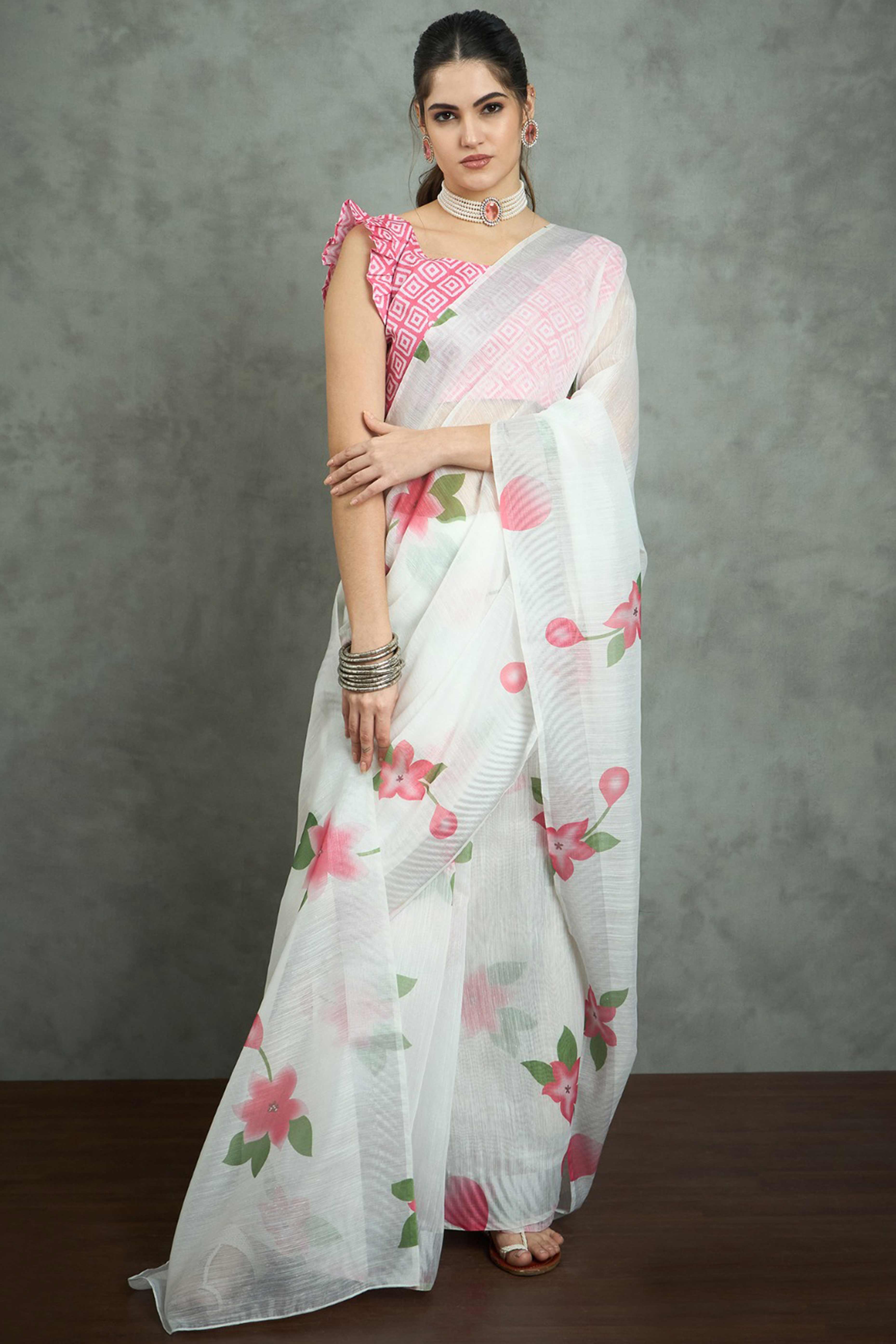 White & Pink Digital Printed Linen Saree