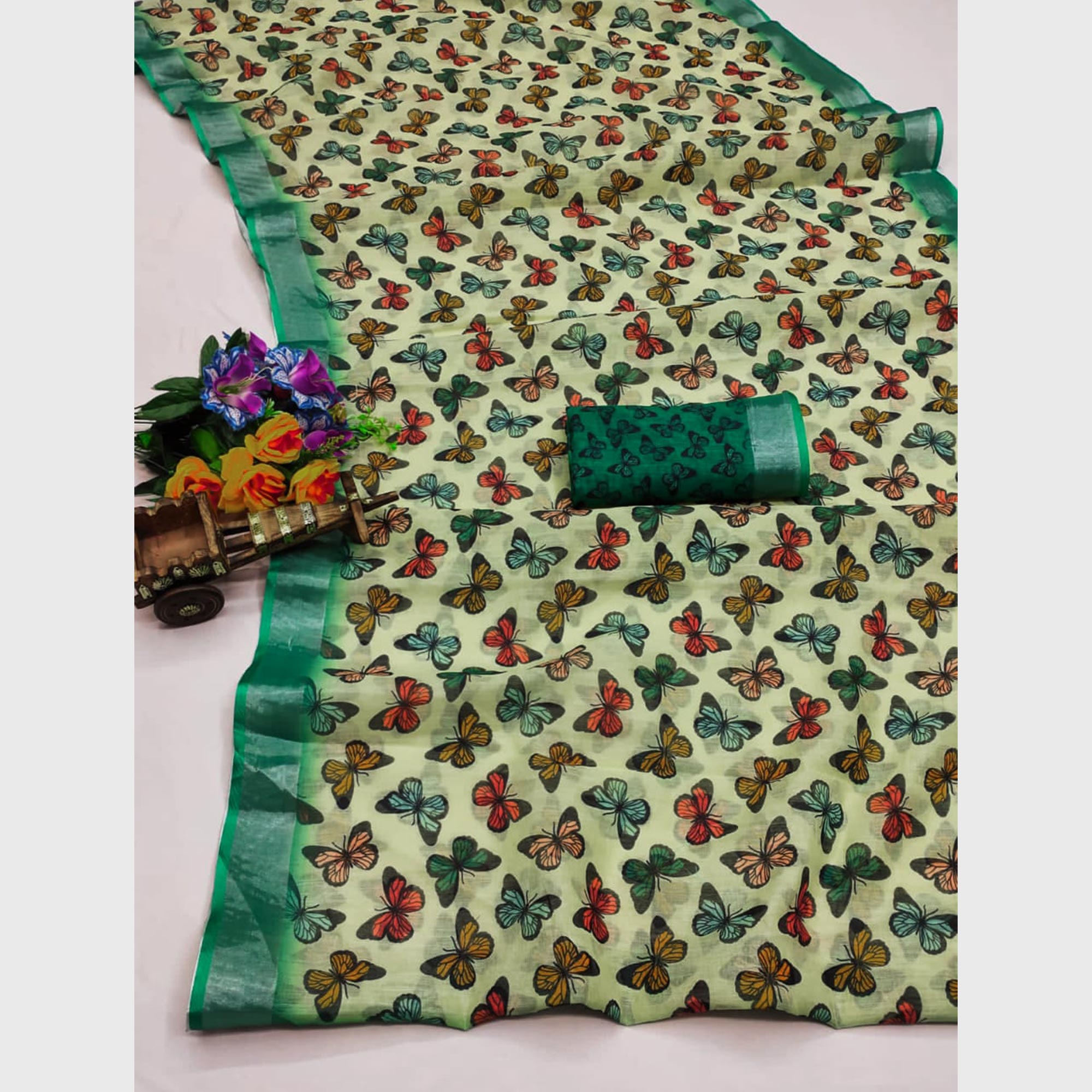 Yellow Digital Printed Linen Saree