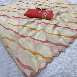 Ivory White Pure Linen Saree Adorned with Soft Floral Patterns