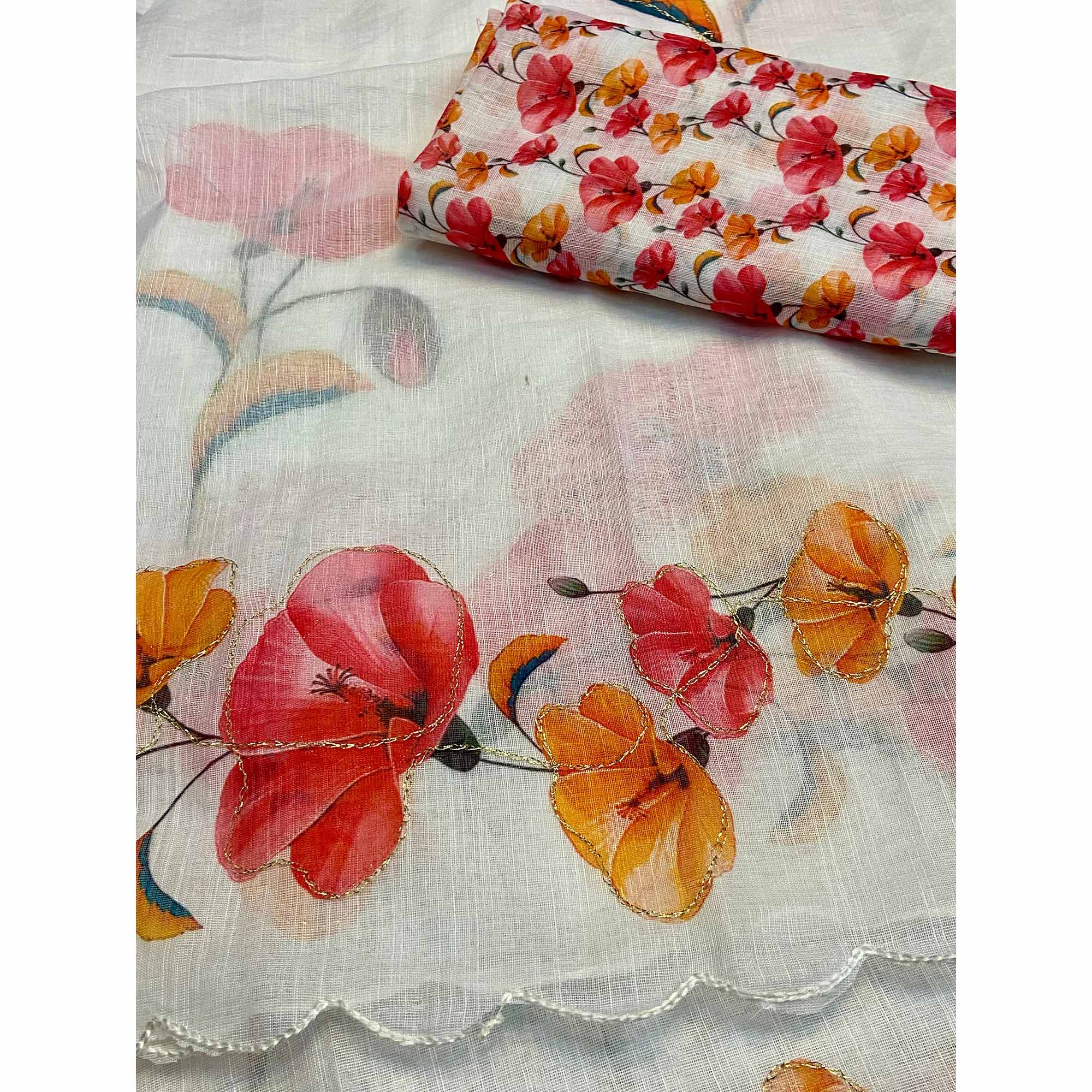 White Floral Printed Linen Saree