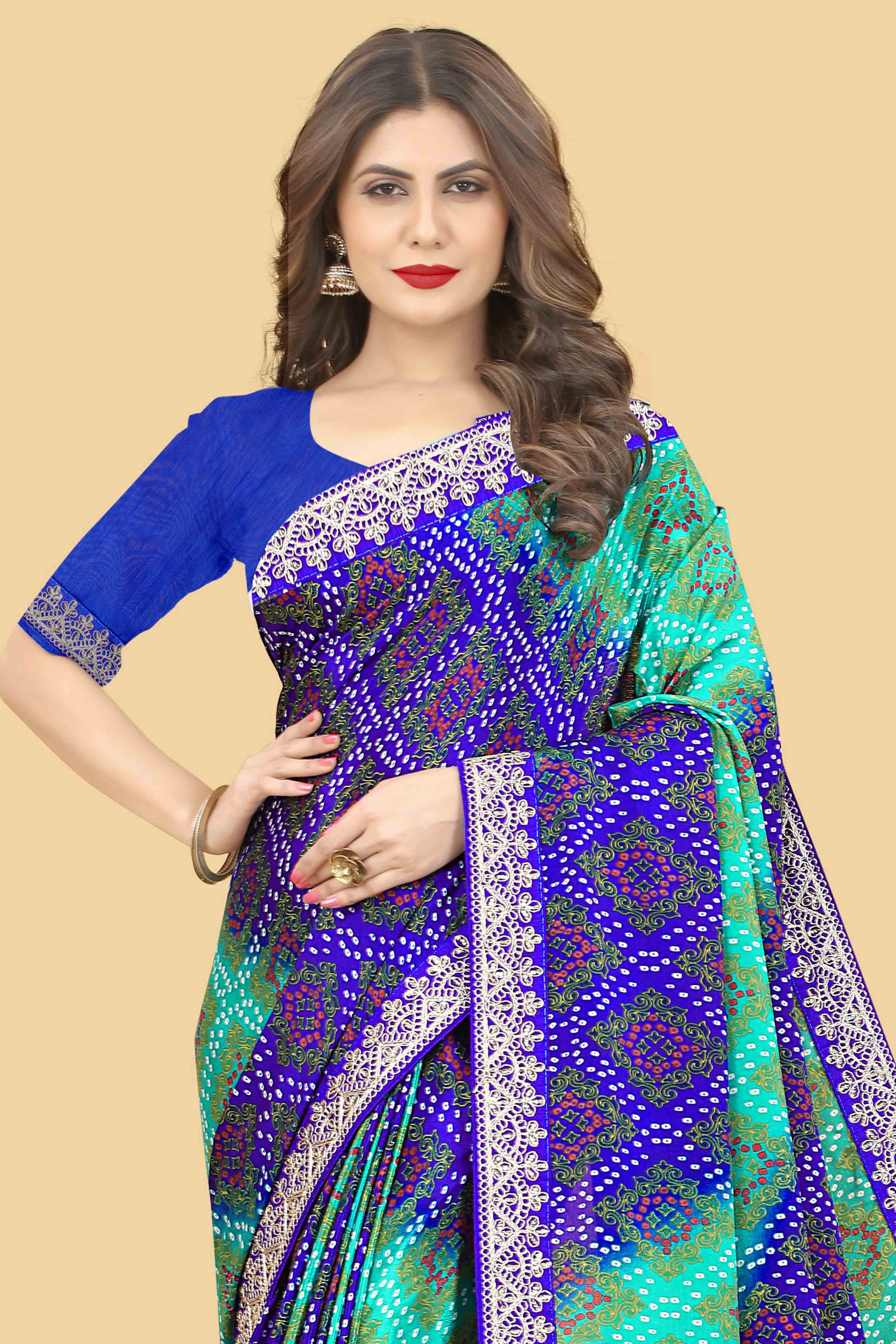 Blue & Turquoise Bandhani Printed Chinon Saree