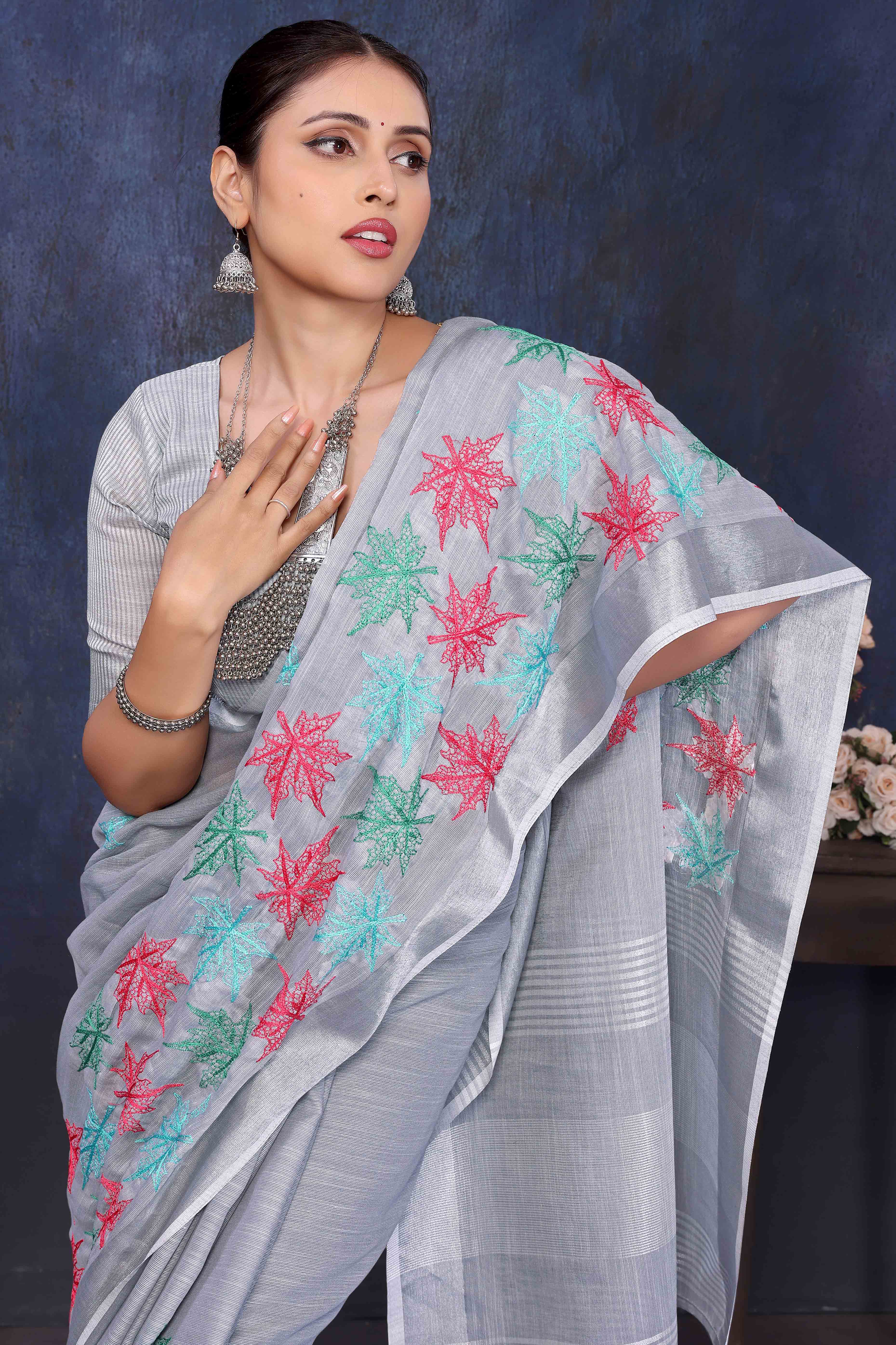 Grey Floral Embroidered Cotton Silk Saree