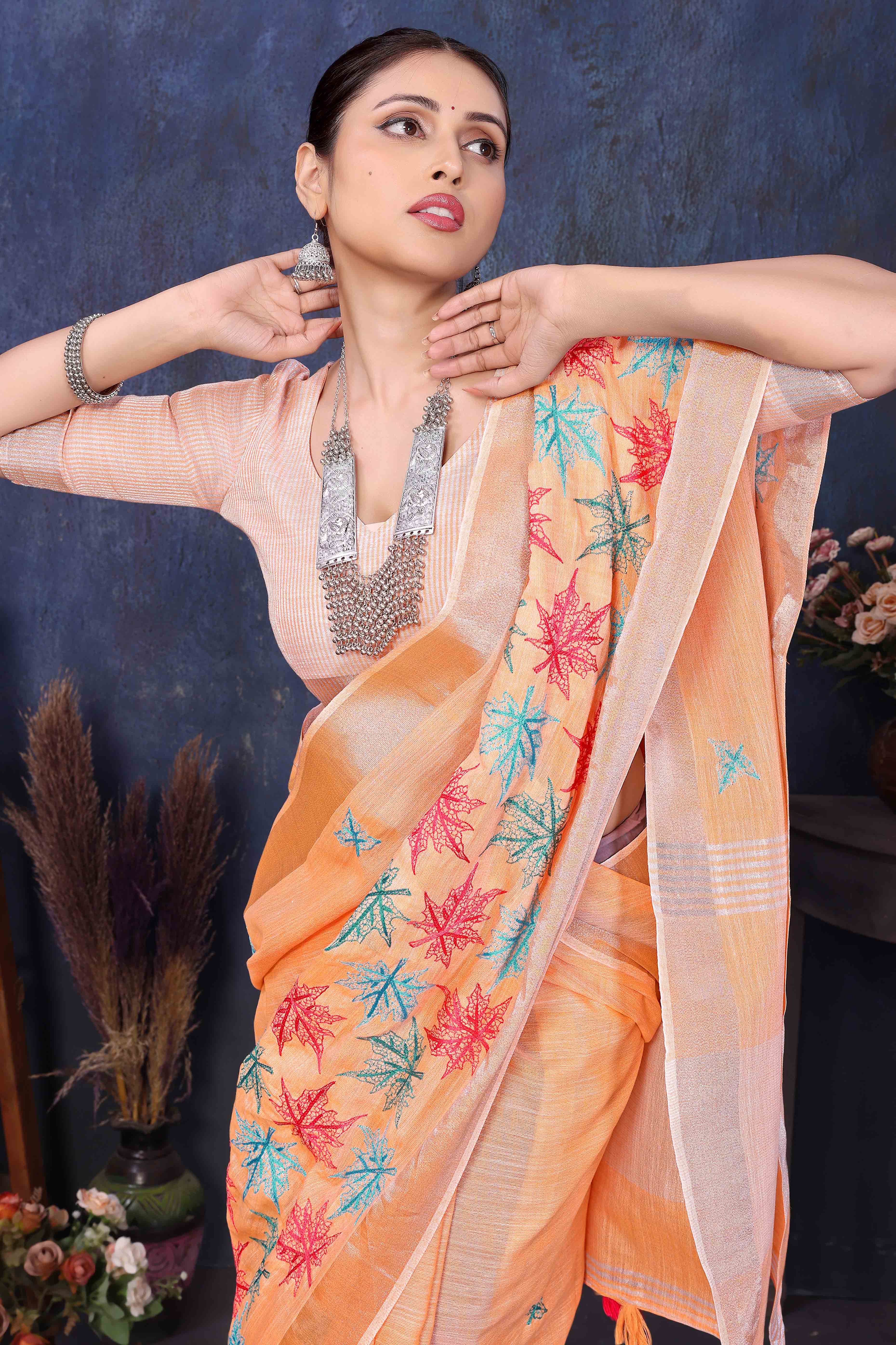Orange Floral Embroidered Cotton Silk Saree