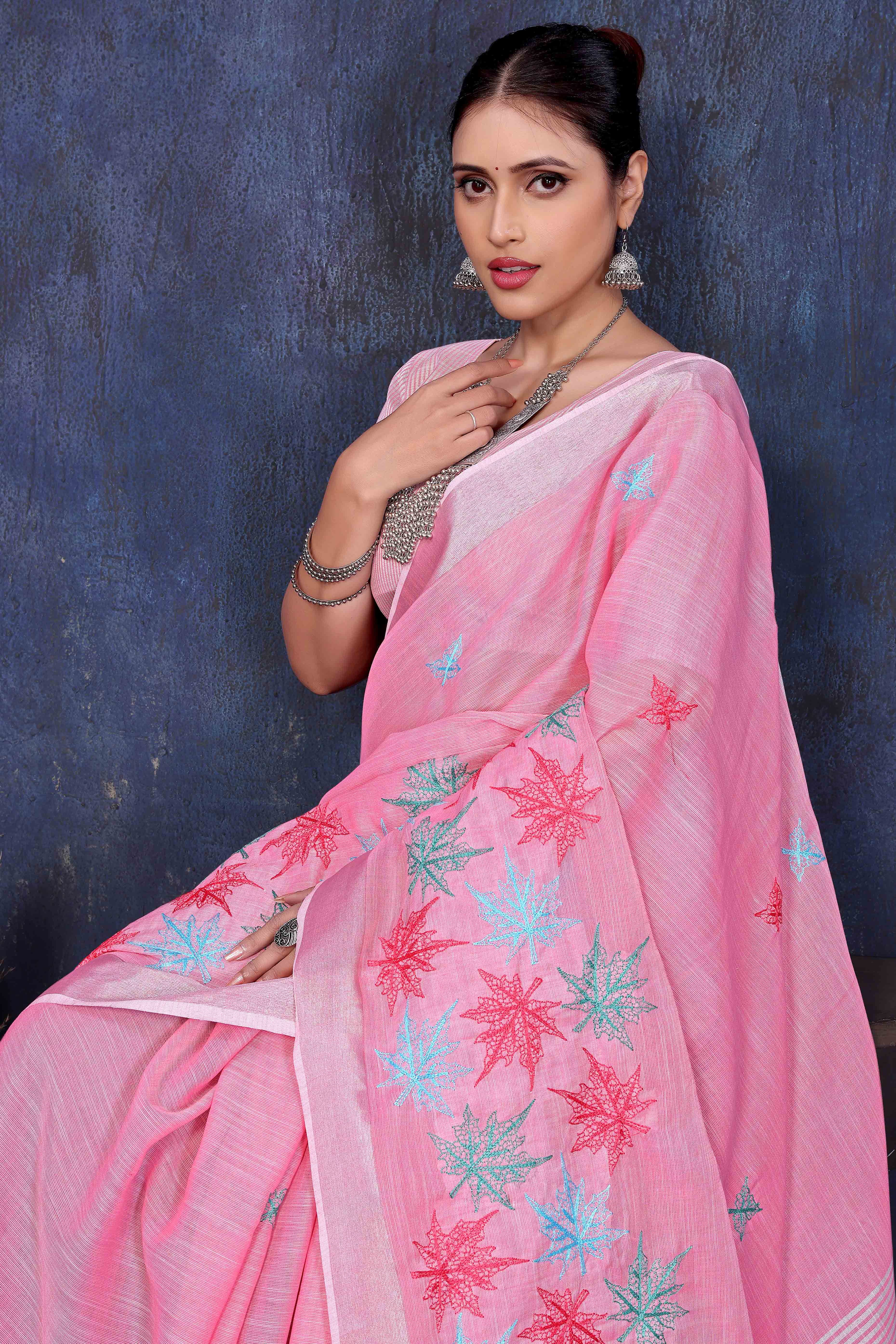 Pink Floral Embroidered Cotton Silk Saree