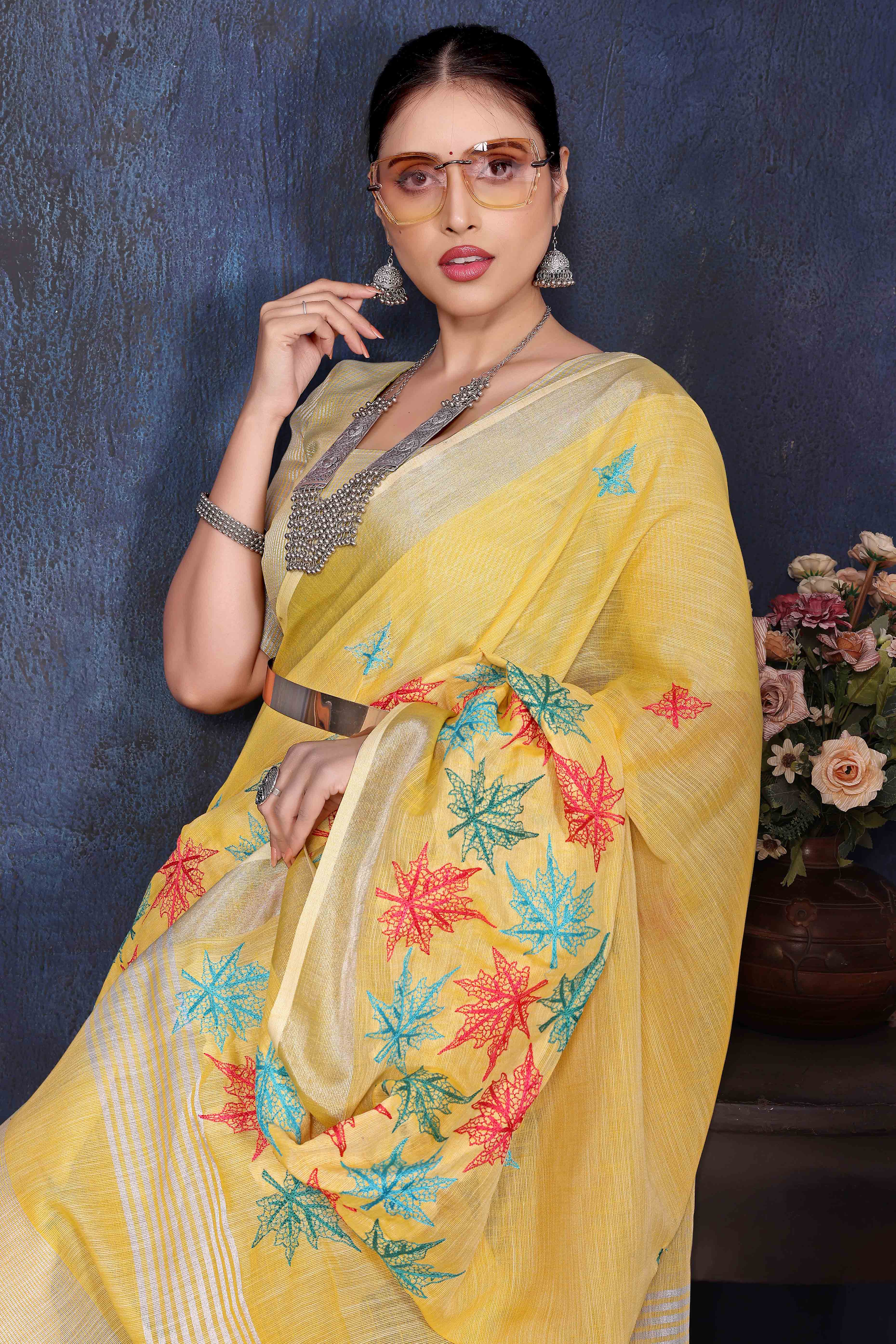 Yellow Floral Embroidered Cotton Silk Saree