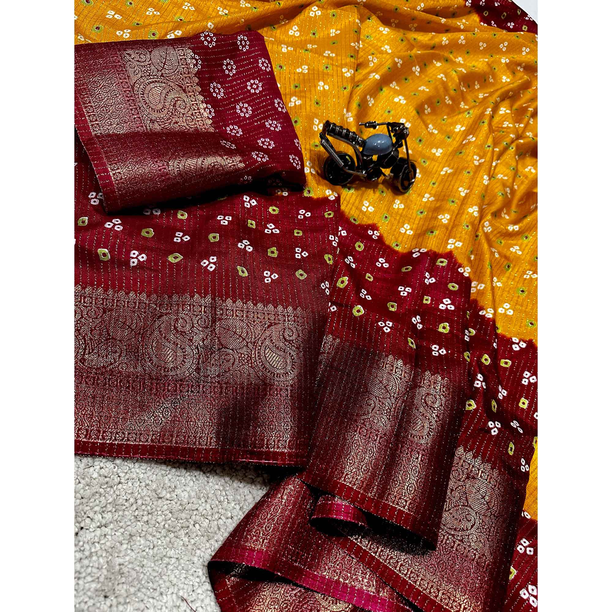 Mustard Saree in Dola Silk with All-Over Bandhani Print and Zari Highlights