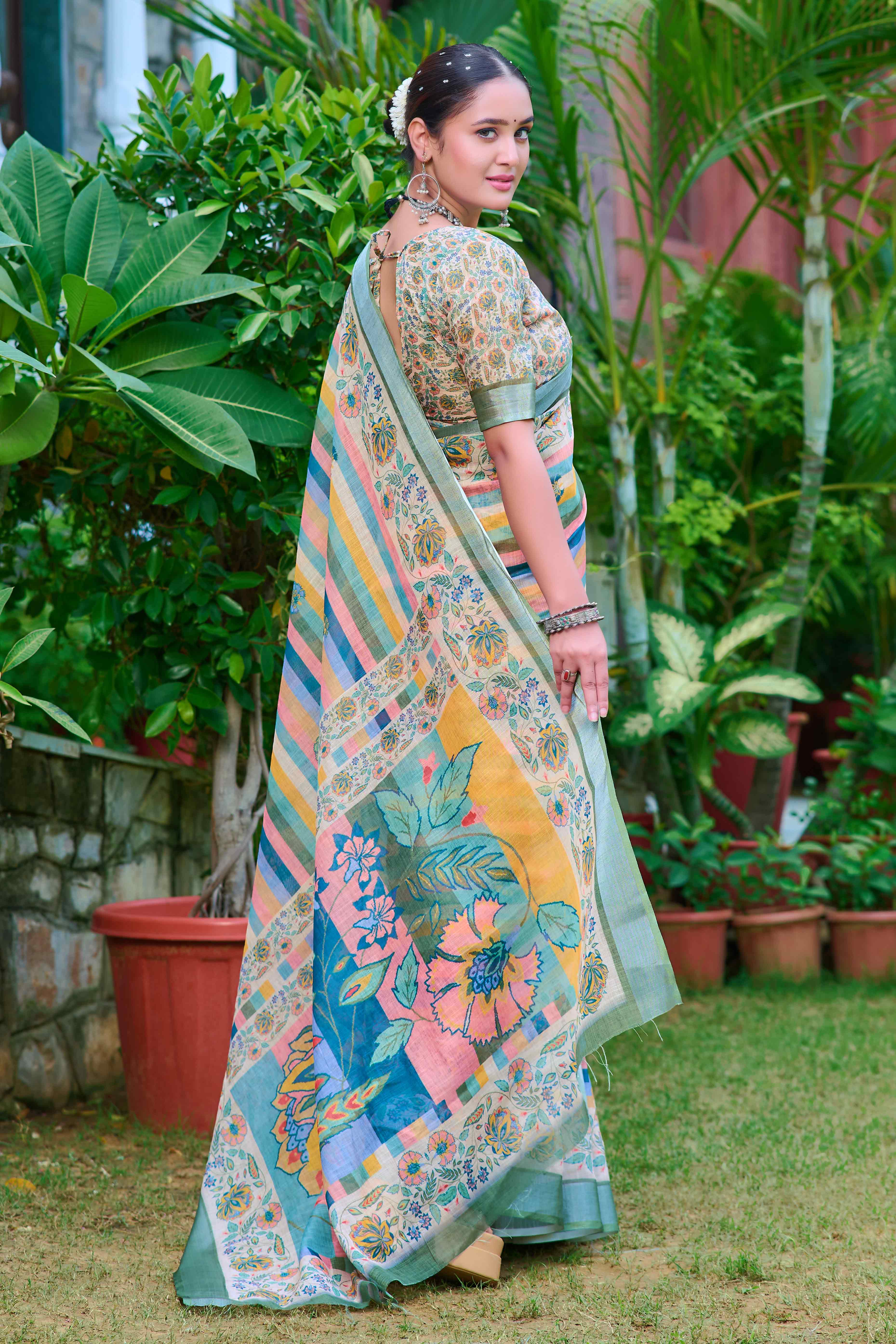 Beige Striped Printed Linen Saree