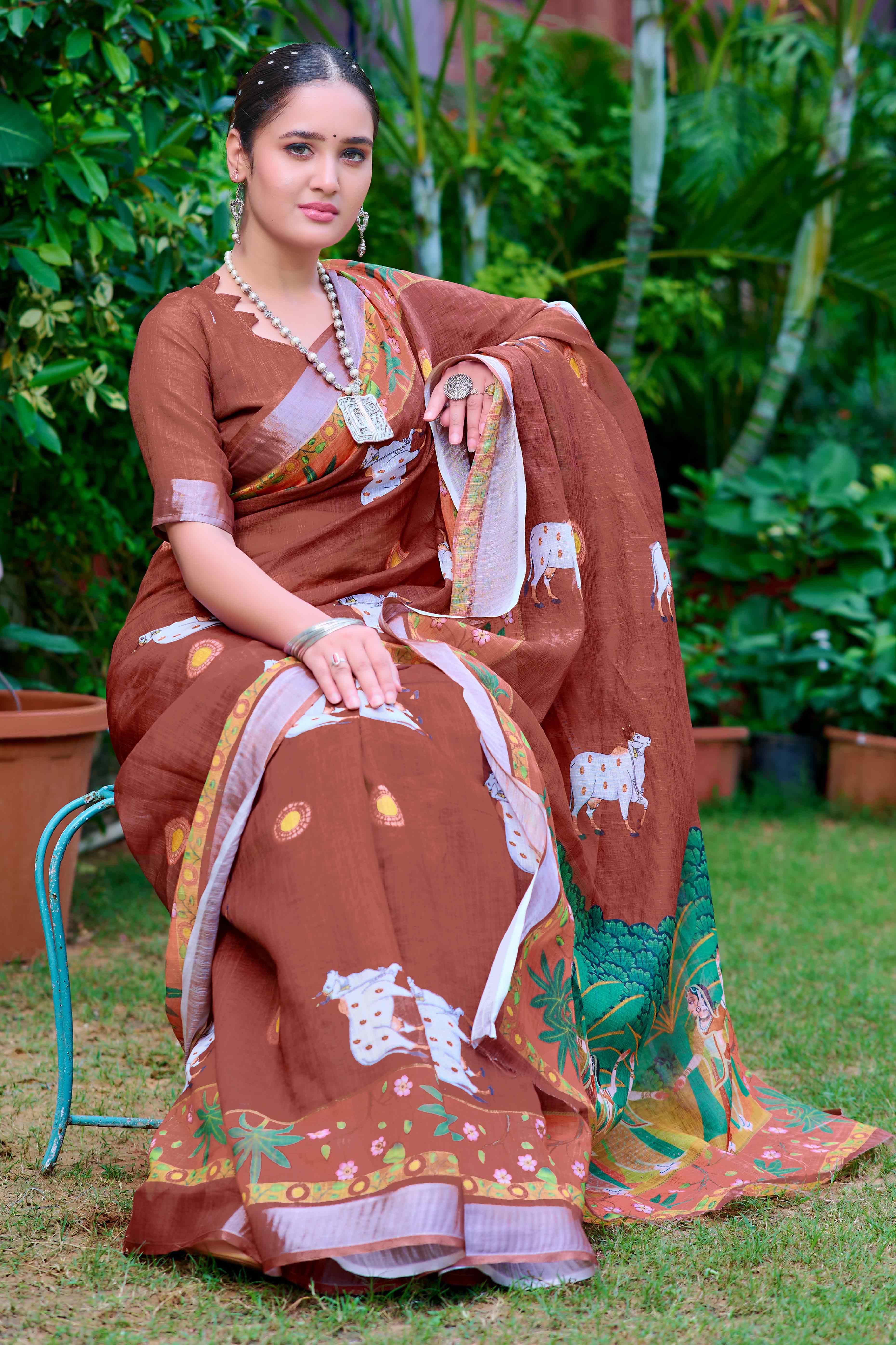 Brown Floral Printed Linen Saree