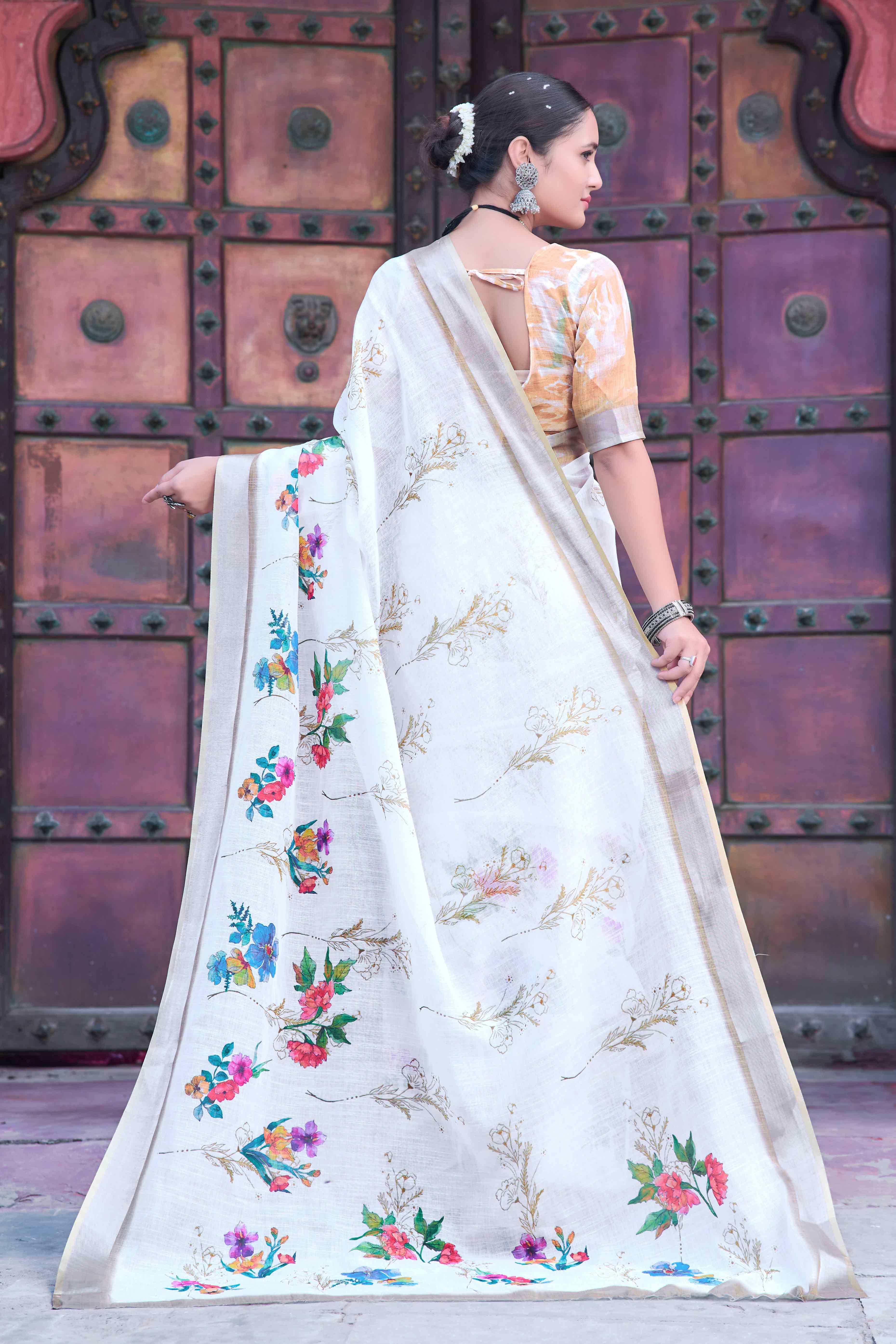 Off White Floral Printed Linen Saree
