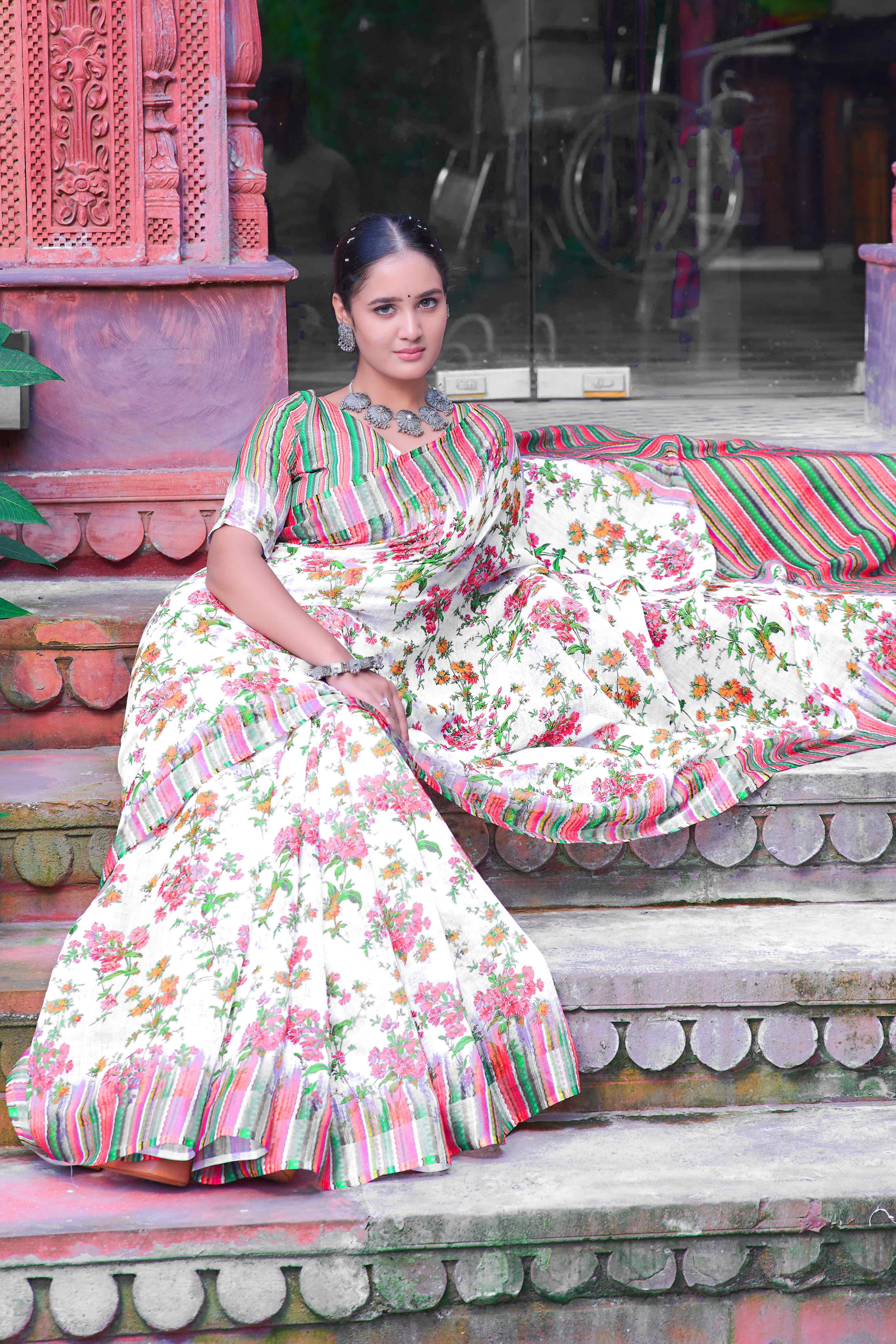 Off White Floral Printed Linen Saree