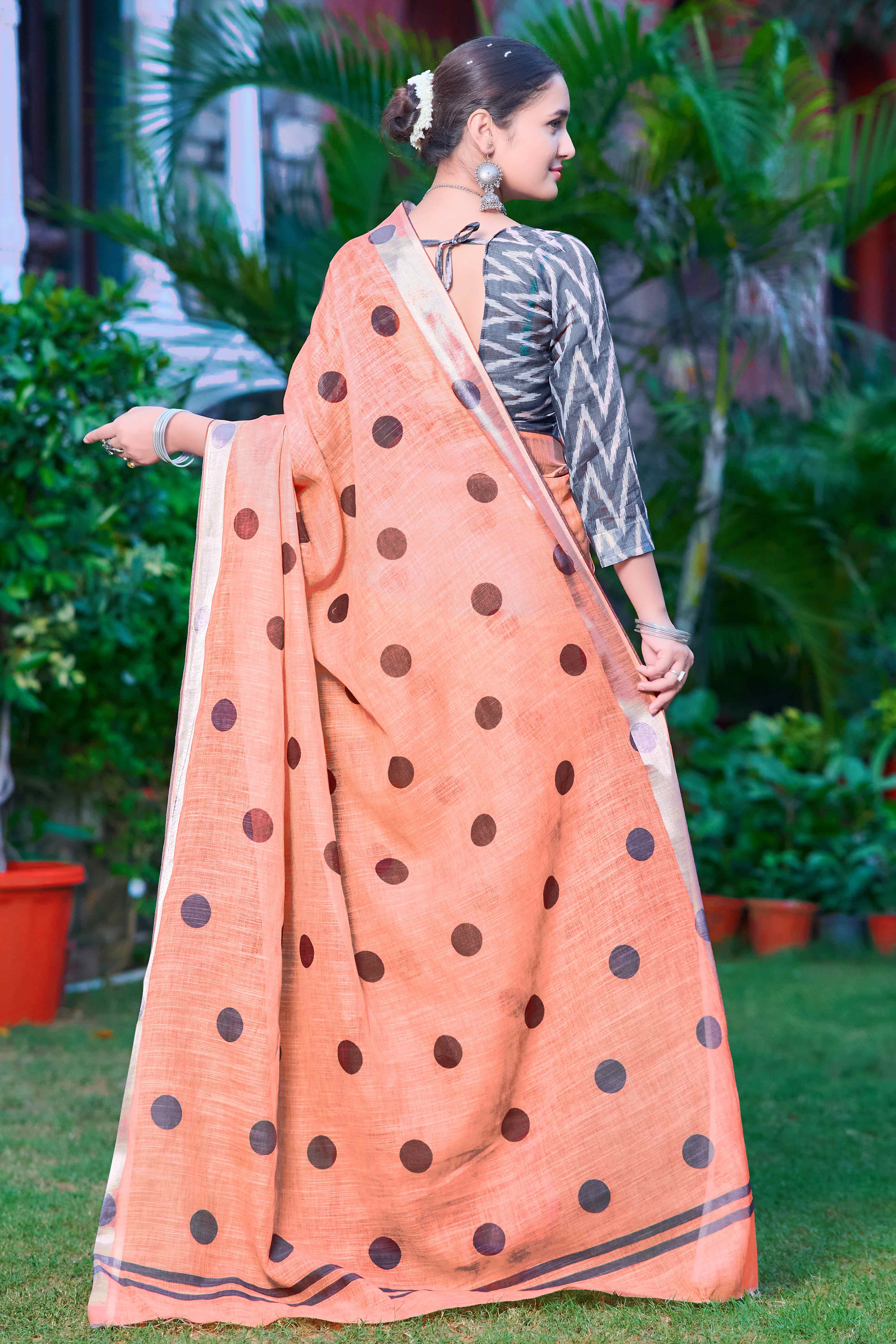 Peach Polka Dot Printed Linen Saree