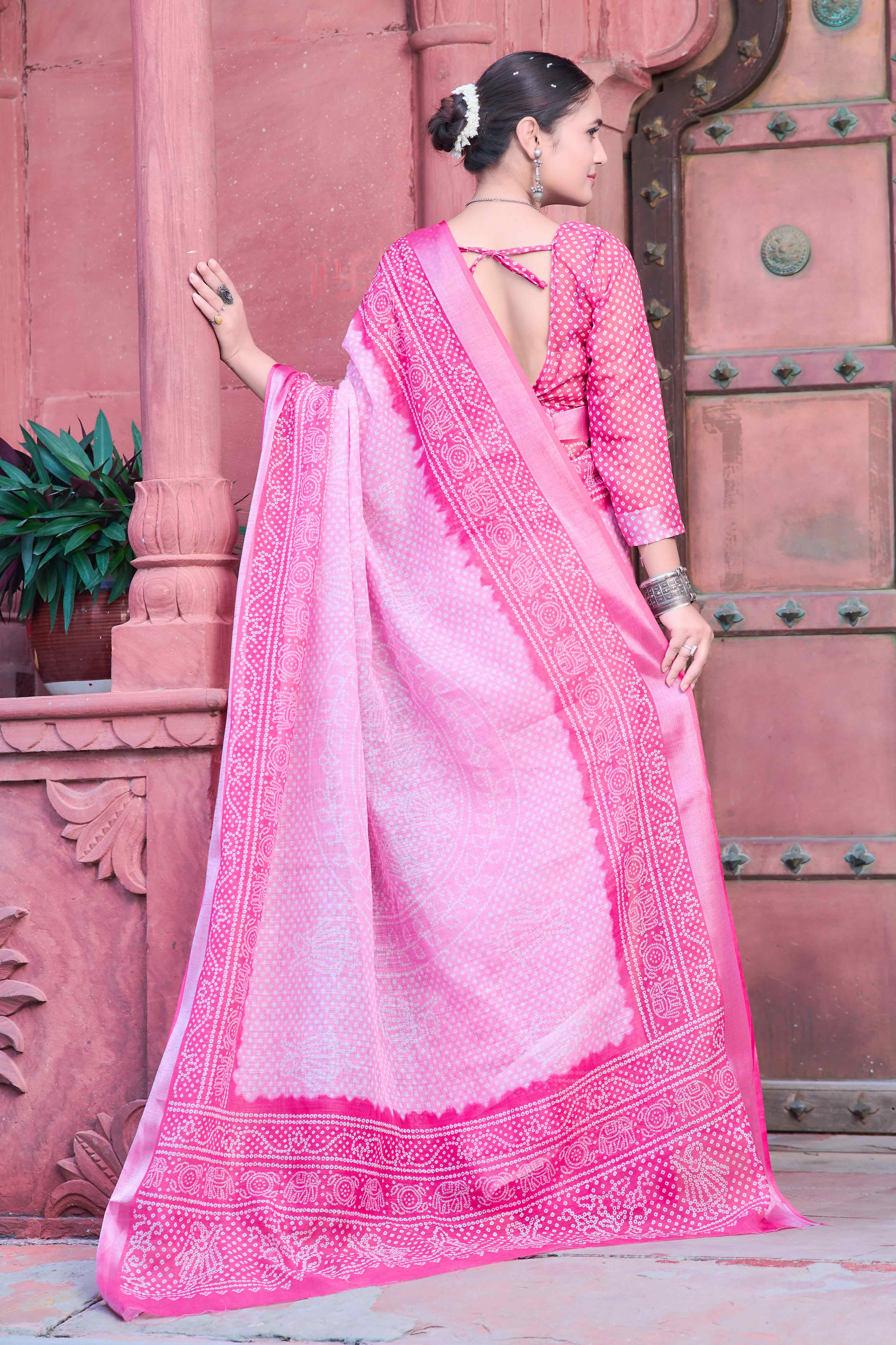 Pink Bandhani Printed Linen Saree