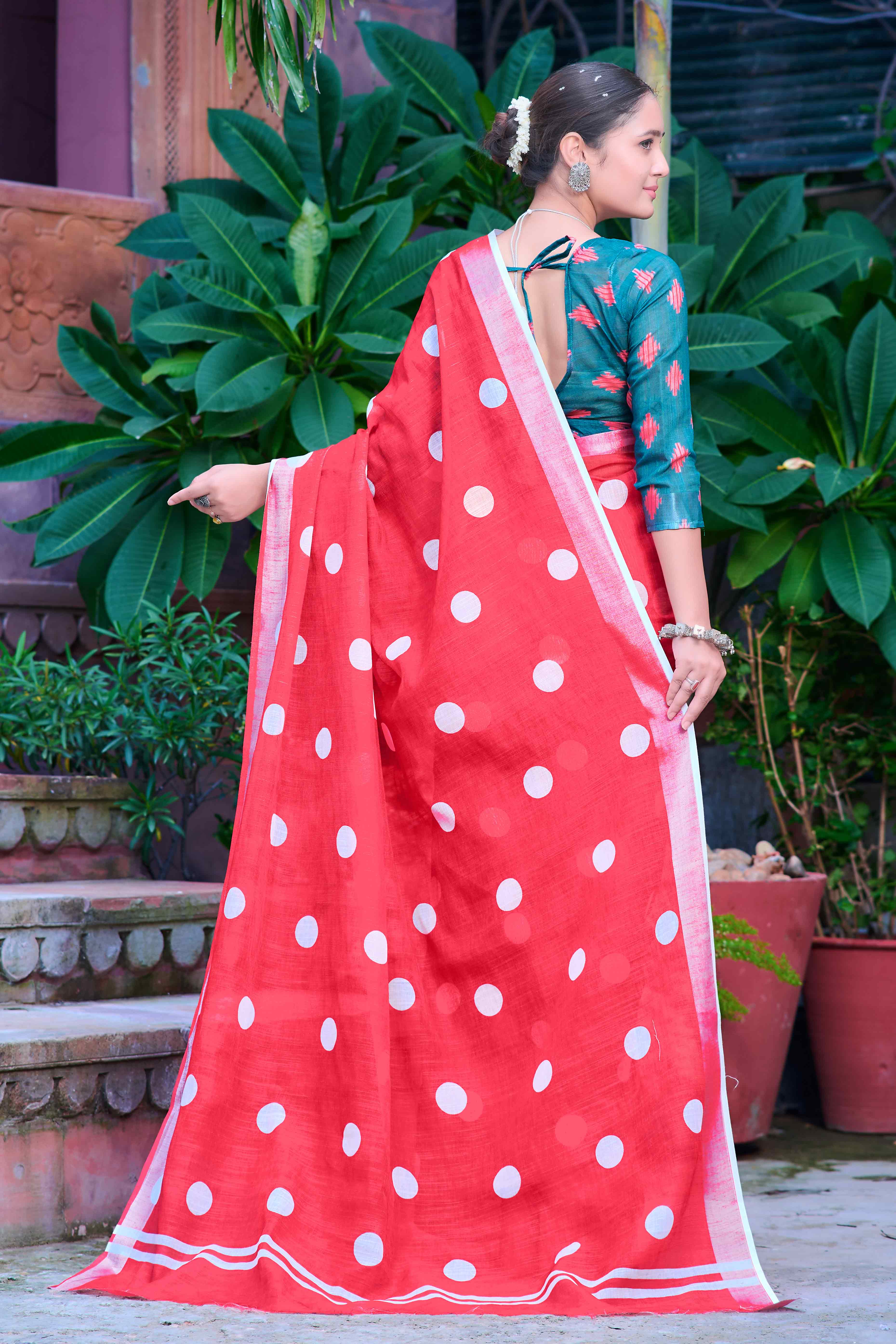 Red Polka Dot Printed Linen Saree