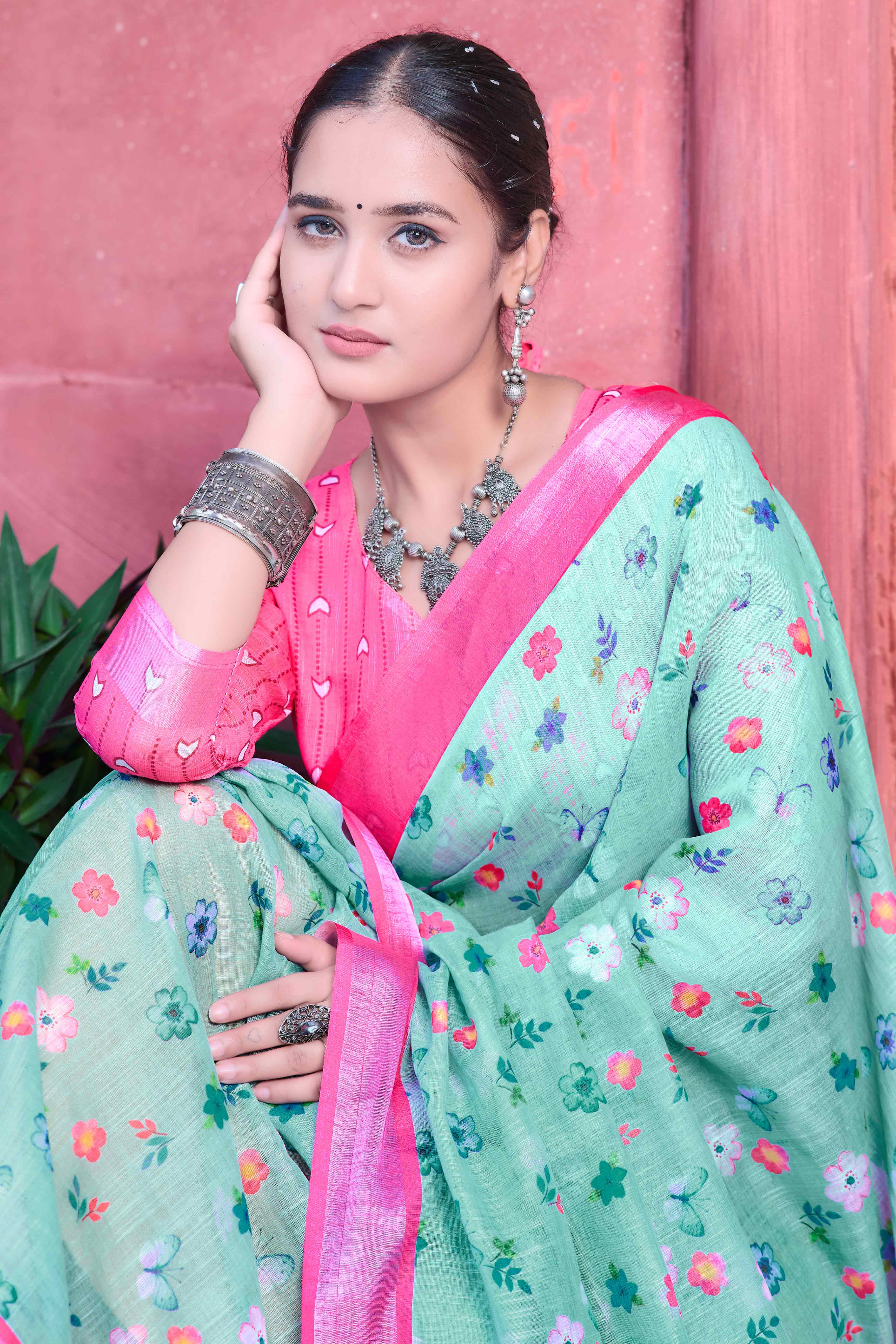 Sea Green Floral Printed Linen Saree