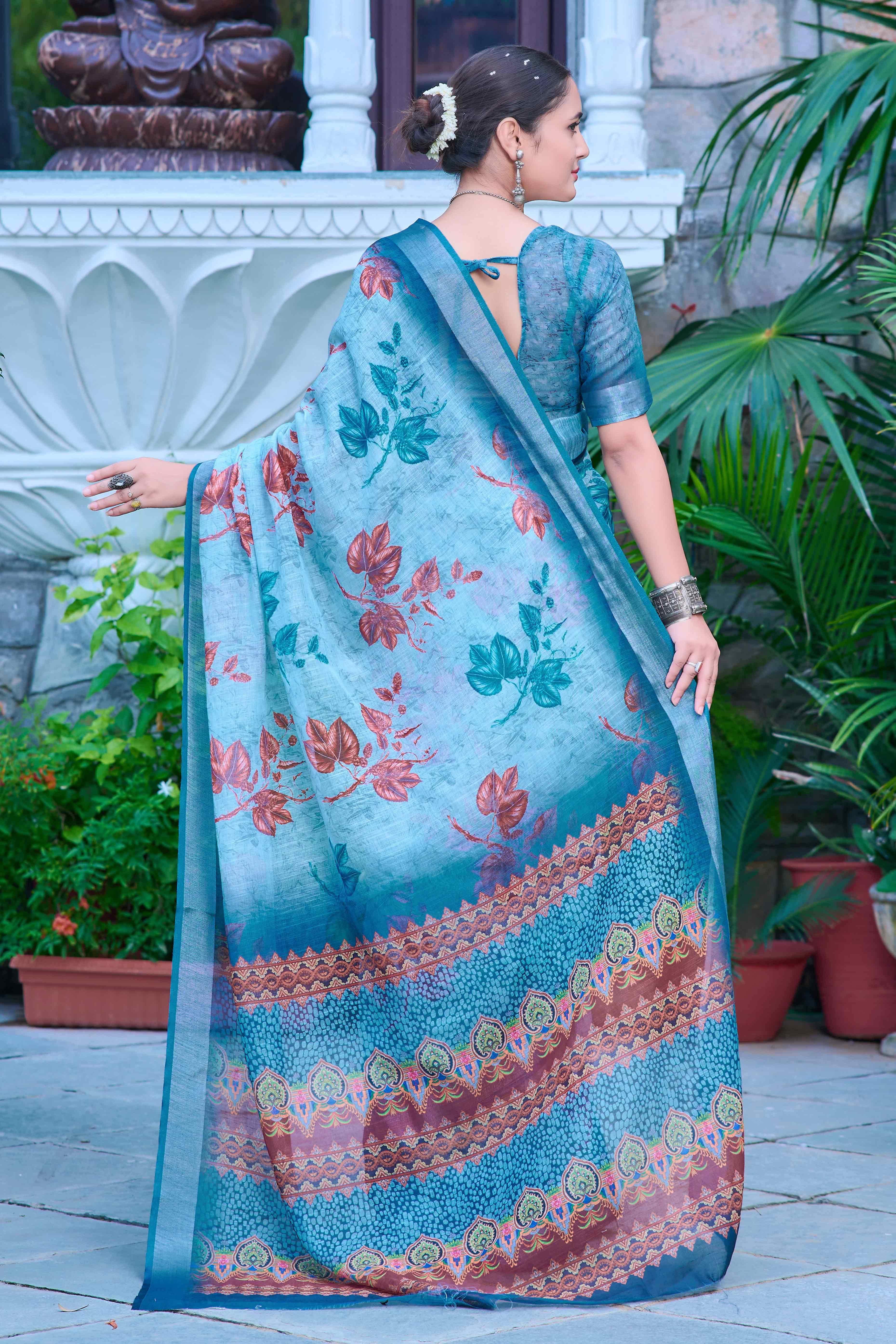 Sky Blue Floral Printed Linen Saree