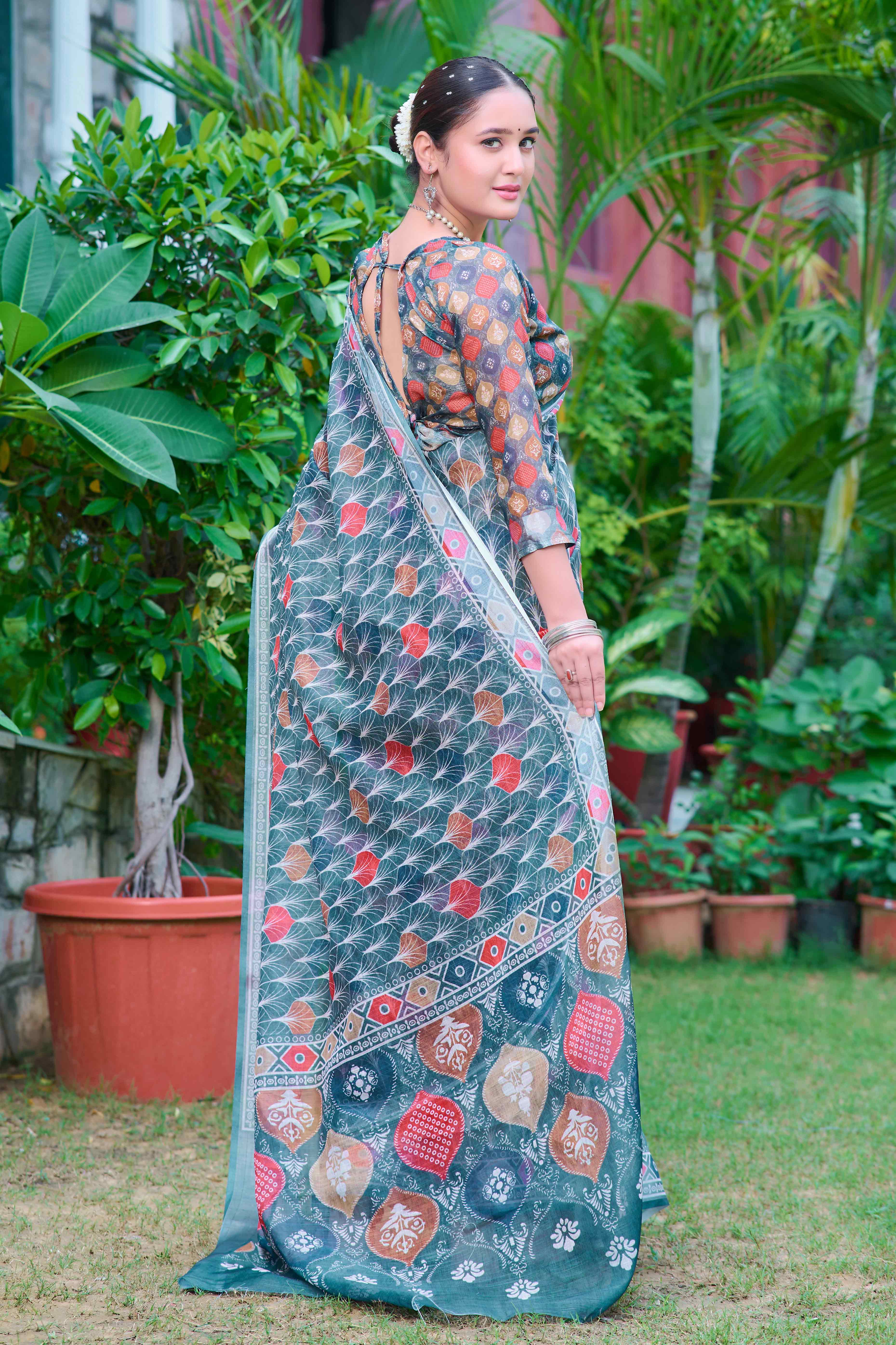 Teal Floral Printed Linen Saree