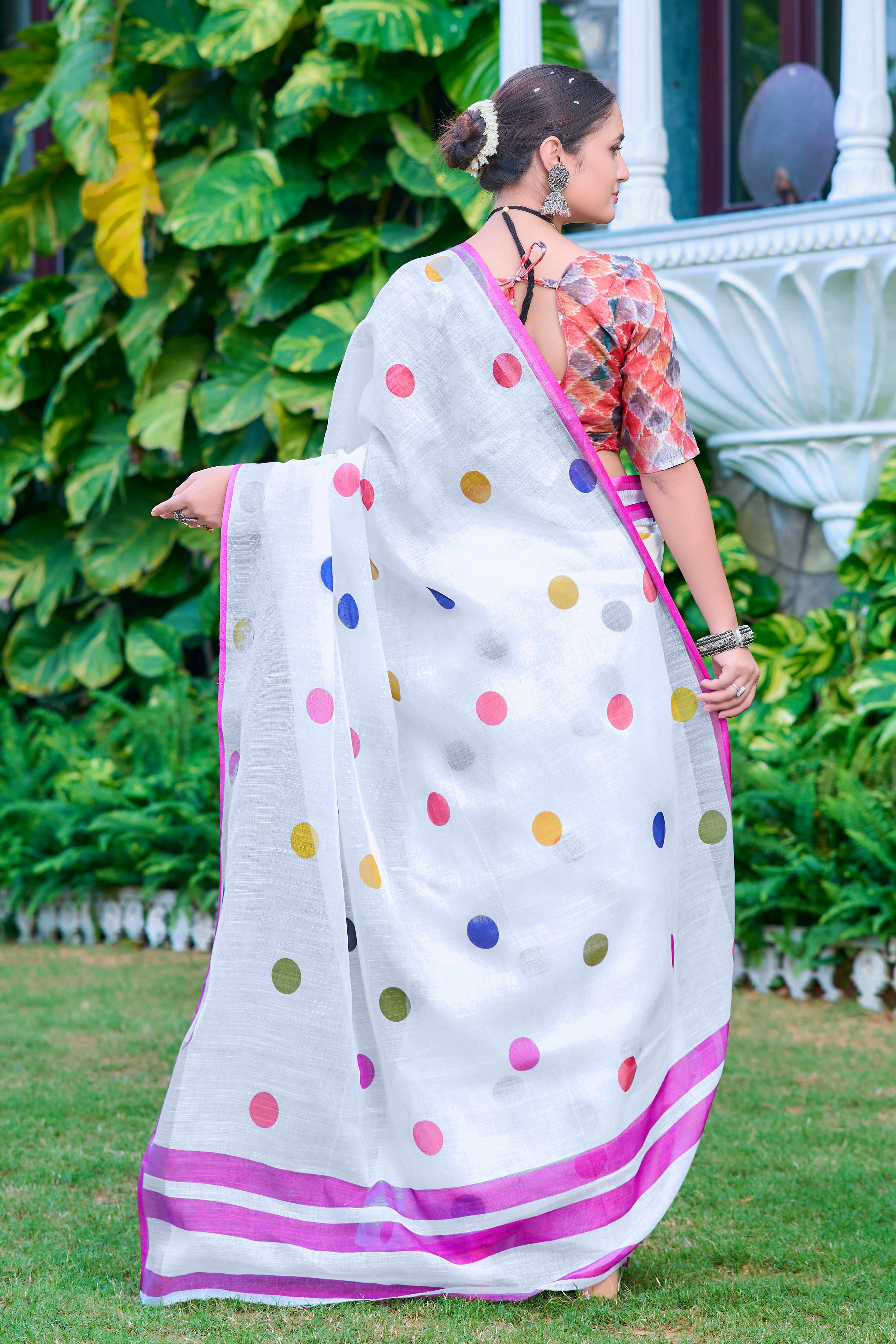 White Polka Dot Printed Linen Saree