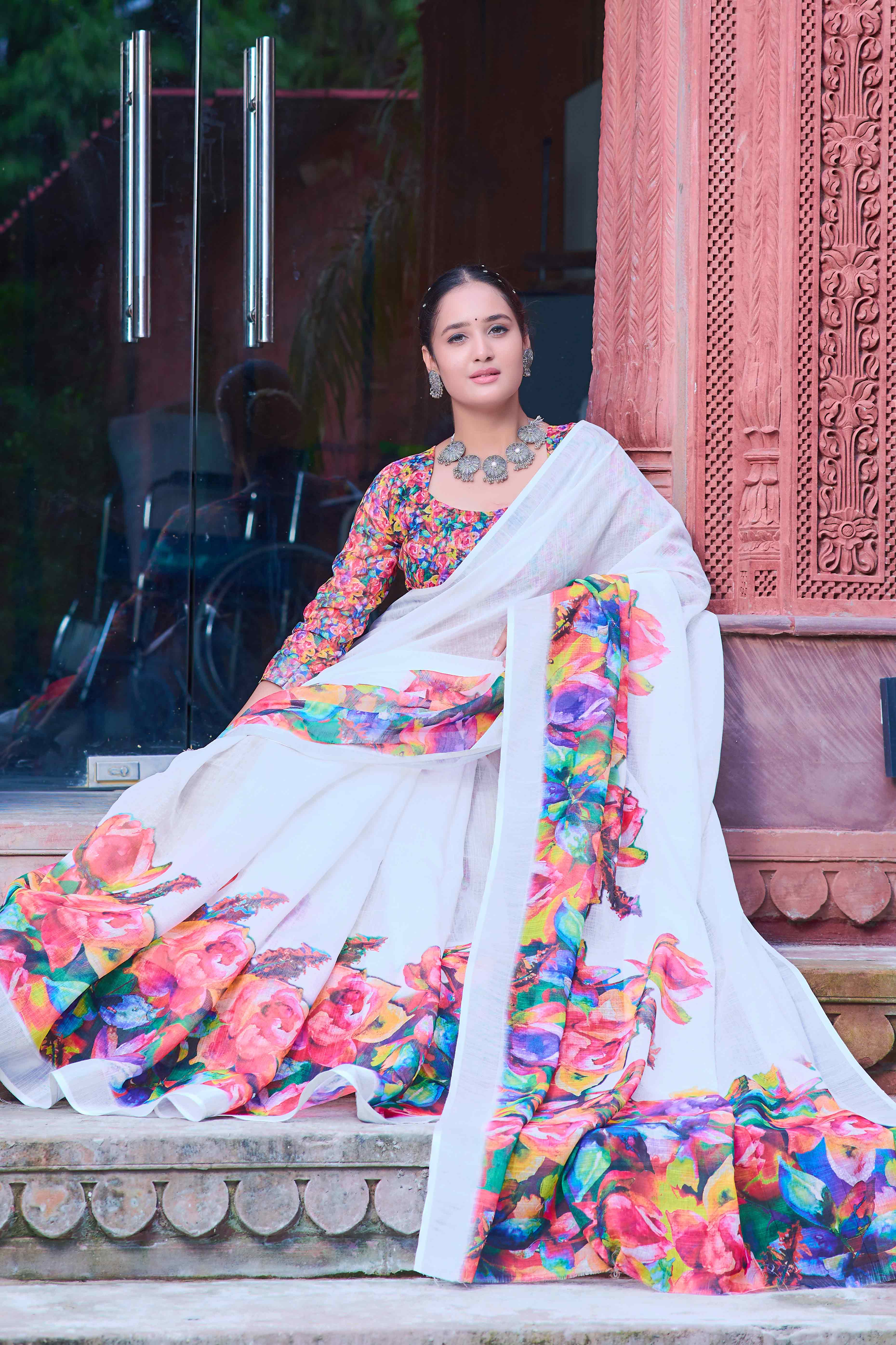 White Floral Printed Linen Saree